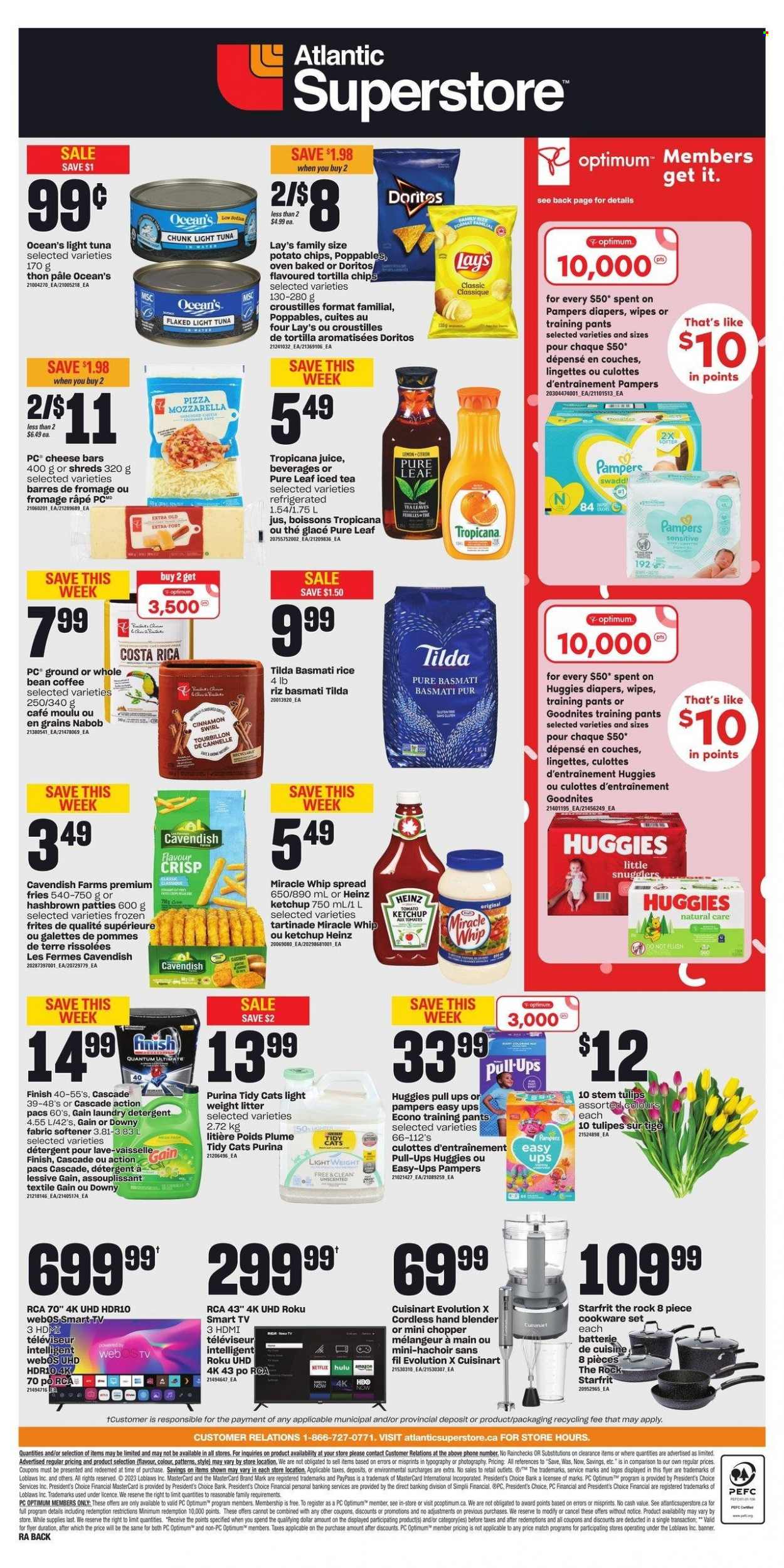 thumbnail - Atlantic Superstore Flyer - March 23, 2023 - March 29, 2023 - Sales products - tuna, pizza, Miracle Whip, potato fries, Doritos, tortilla chips, potato chips, Lay’s, light tuna, basmati rice, rice, cinnamon, juice, ice tea, Pure Leaf, coffee, wipes, Pampers, pants, nappies, baby pants, Gain, fabric softener, laundry detergent, Cascade, Downy Laundry, Finish Powerball, Finish Quantum Ultimate, Purina, Optimum, tulip, detergent, Heinz, Huggies, ketchup. Page 2.