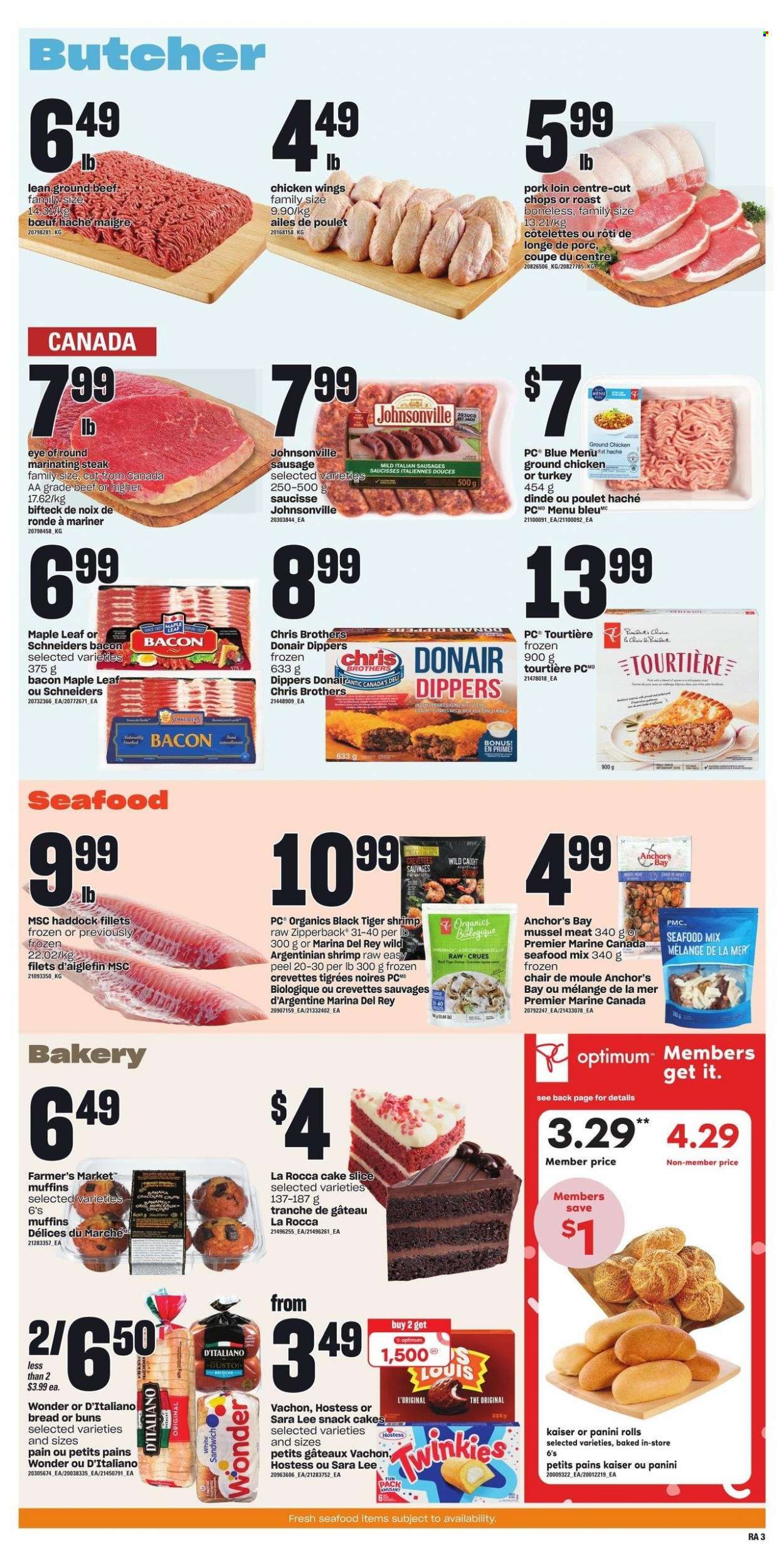 thumbnail - Atlantic Superstore Flyer - March 23, 2023 - March 29, 2023 - Sales products - bread, cake, panini, buns, Sara Lee, muffin, mussels, haddock, seafood, shrimps, sandwich, roast, Johnsonville, sausage, chicken wings, snack, BROTHERS, ground chicken, chicken, turkey, beef meat, ground beef, steak, eye of round, pork loin, pork meat, Optimum. Page 4.