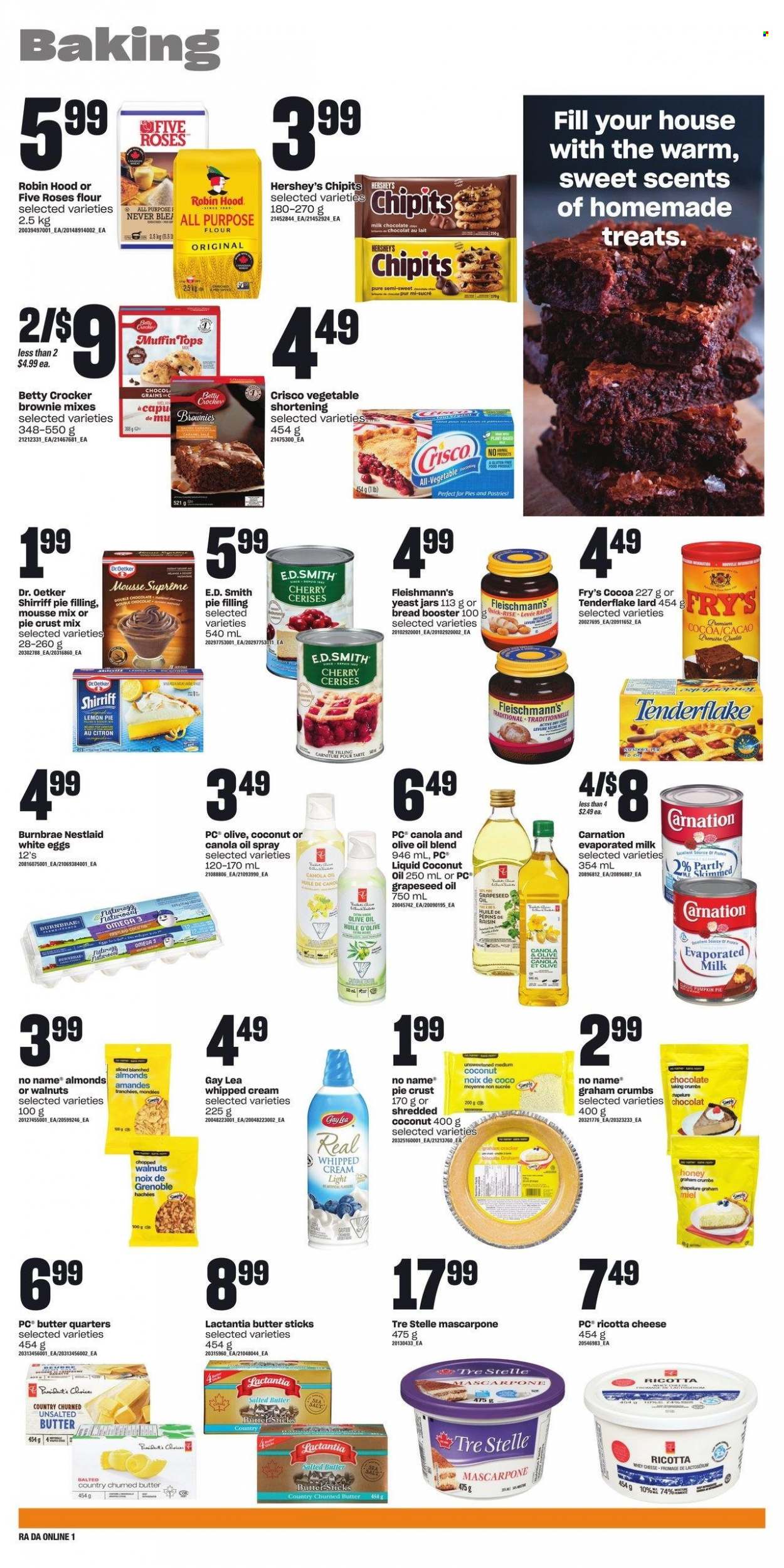 thumbnail - Atlantic Superstore Flyer - March 23, 2023 - March 29, 2023 - Sales products - bread, brownies, muffin, cherries, No Name, cheese, Dr. Oetker, evaporated milk, eggs, yeast, salted butter, whipped cream, Hershey's, milk chocolate, chocolate, all purpose flour, cocoa, Crisco, flour, shortening, pie crust, pie filling, canola oil, coconut oil, olive oil, grape seed oil, honey, almonds, walnuts, shredded coconut, PREMIERE, Omega-3, lard, mascarpone, ricotta. Page 5.