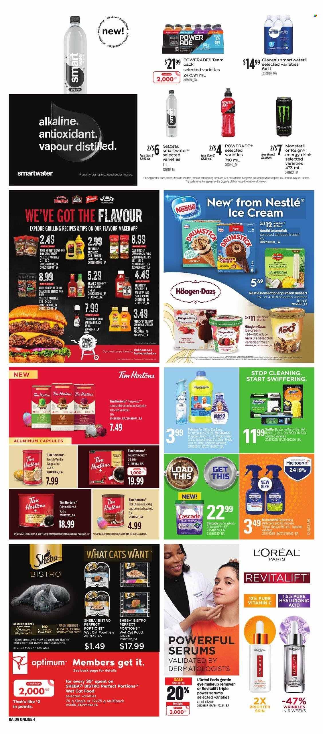 thumbnail - Atlantic Superstore Flyer - March 23, 2023 - March 29, 2023 - Sales products - corn, coconut, sandwich, Häagen-Dazs, Mars, truffles, vanilla extract, Del Monte, spice, BBQ sauce, caramel, Powerade, energy drink, Monster, Smartwater, hot chocolate, cappuccino, Nespresso, coffee capsules, K-Cups, Keurig, Green Mountain, Febreze, cleaner, all purpose cleaner, Swiffer, Cascade, L’Oréal, makeup remover, animal food, cat food, Optimum, wet cat food, vitamin c, detergent, Nestlé, ketchup. Page 9.