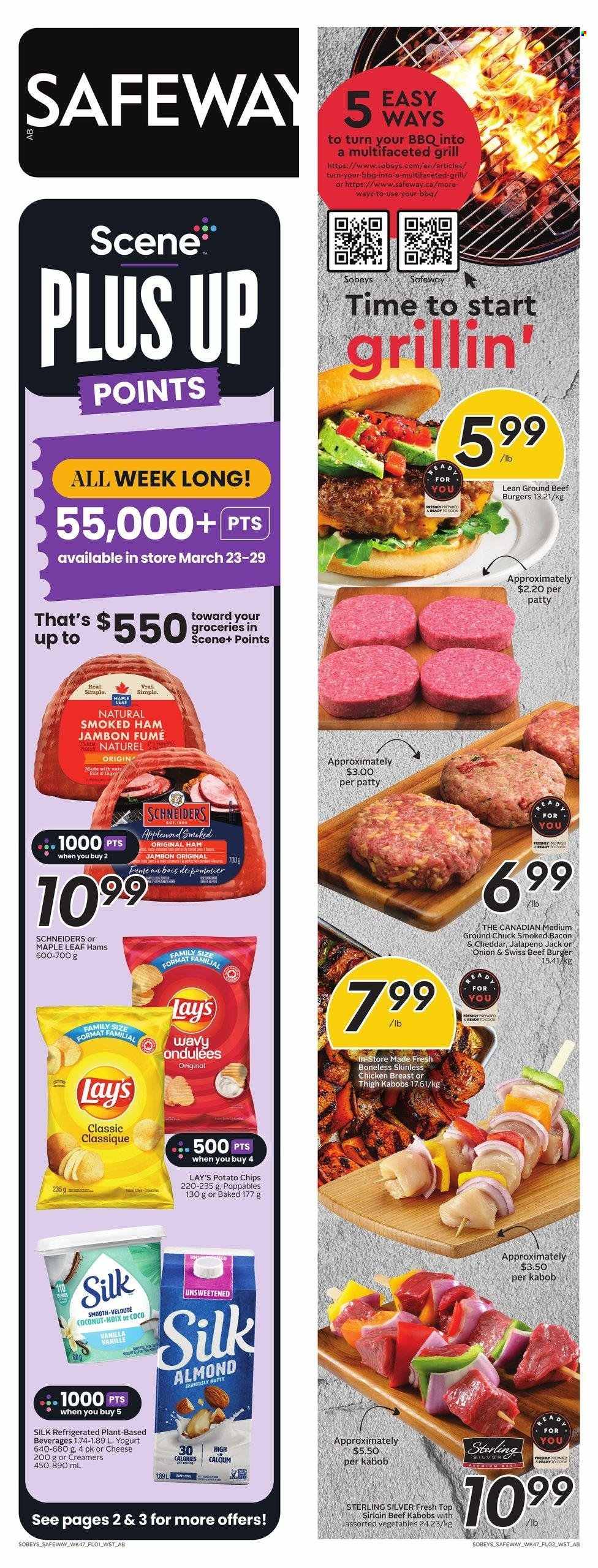 thumbnail - Sobeys Flyer - March 23, 2023 - March 29, 2023 - Sales products - jalapeño, coconut, hamburger, beef burger, bacon, ham, smoked ham, yoghurt, potato chips, chips, Lay’s, chicken breasts, chicken, beef meat, ground beef, ground chuck, grill, calcium. Page 22.