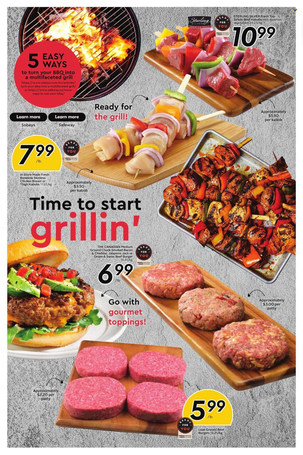 thumbnail - Sobeys Flyer - March 23, 2023 - March 29, 2023 - Sales products - jalapeño, hamburger, beef burger, bacon, chicken breasts, chicken, beef meat, ground beef, ground chuck, grill. Page 8.