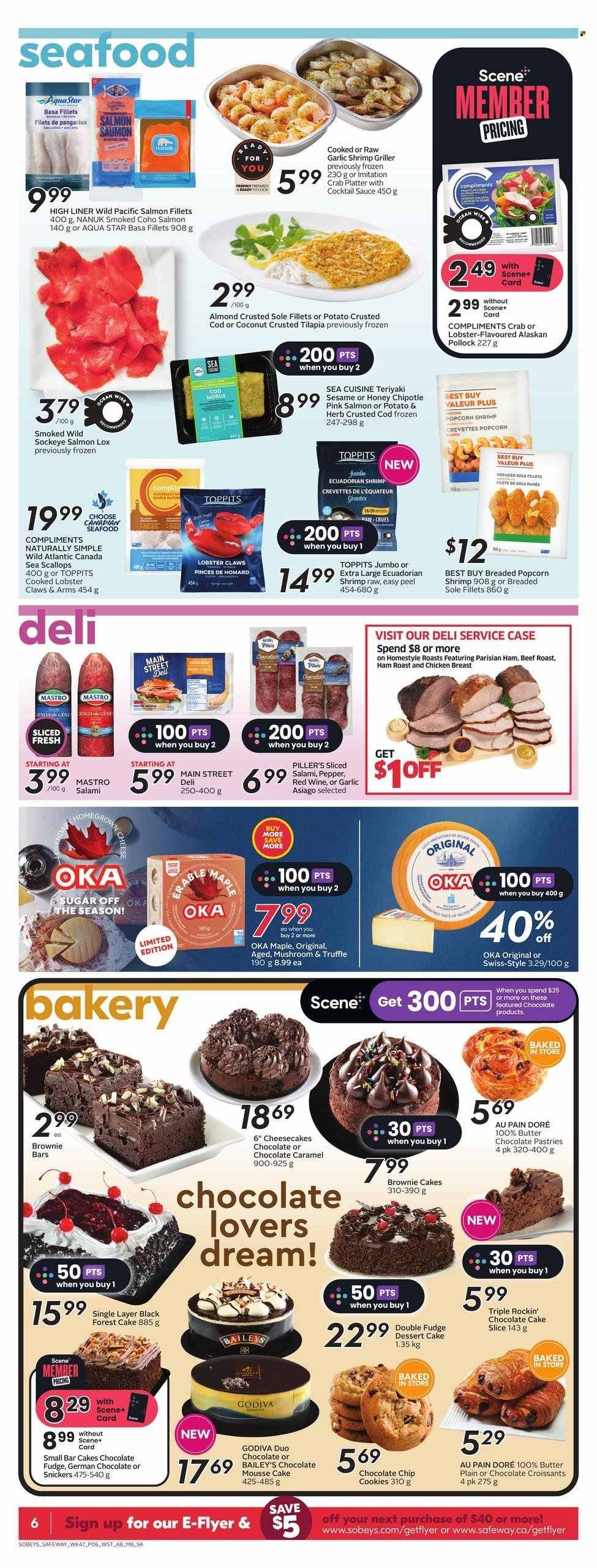 thumbnail - Sobeys Flyer - March 23, 2023 - March 29, 2023 - Sales products - mushrooms, cake, croissant, brownies, chocolate cake, garlic, cod, salmon fillet, scallops, tilapia, pollock, pangasius, seafood, crab, shrimps, sauce, roast, salami, ham, asiago, cookies, fudge, chocolate chips, Snickers, truffles, Godiva, sugar, pepper, caramel, cocktail sauce, Baileys, chicken breasts, chicken, beef meat, roast beef, Dell. Page 10.