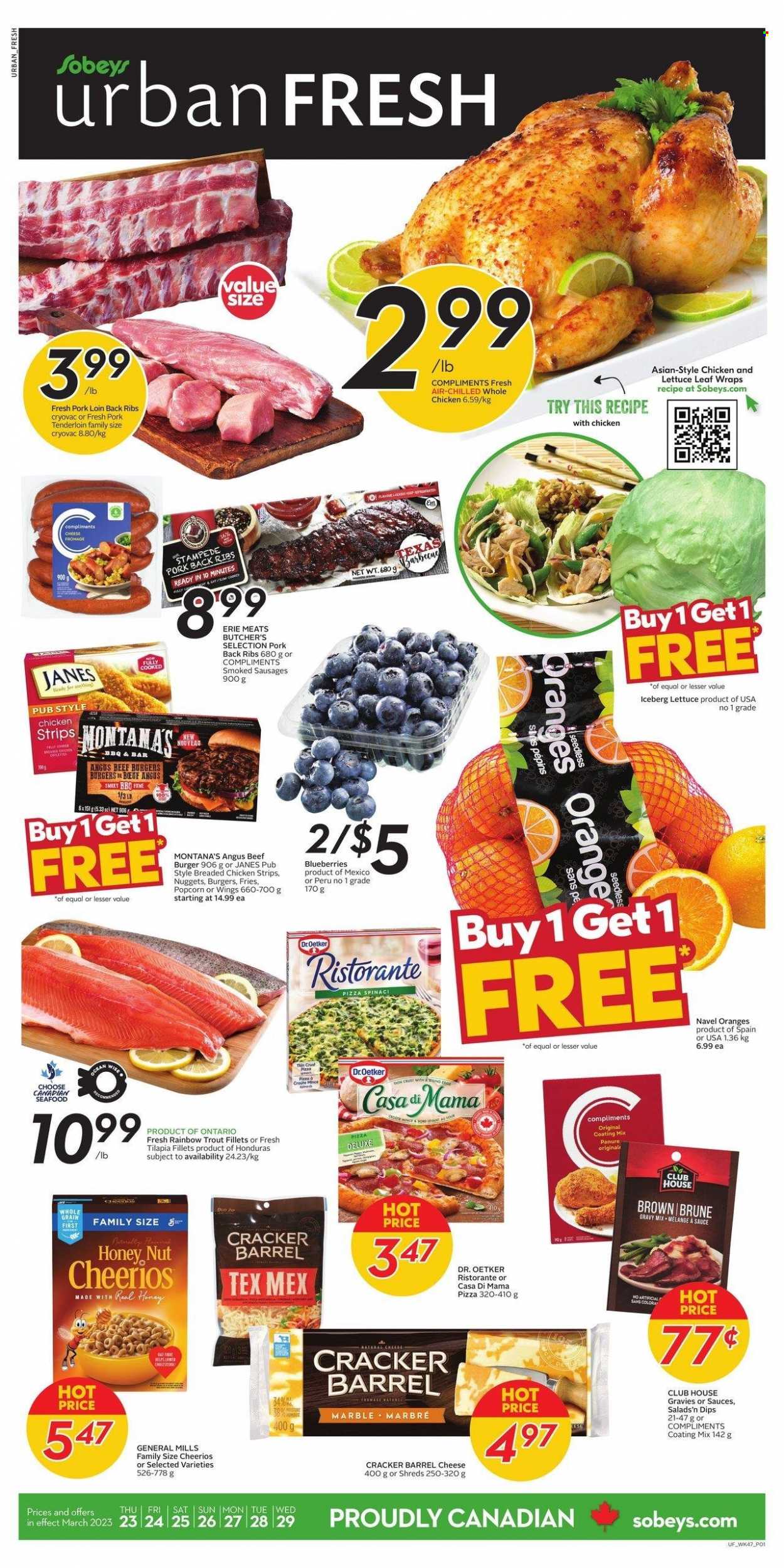 thumbnail - Sobeys Urban Fresh Flyer - March 23, 2023 - March 29, 2023 - Sales products - wraps, blueberries, oranges, navel oranges, tilapia, trout, seafood, pizza, nuggets, hamburger, fried chicken, beef burger, sausage, Dr. Oetker, strips, chicken strips, potato fries, crackers, popcorn, Cheerios, gravy mix, whole chicken, chicken, beef meat, ribs, pork loin, pork meat, pork ribs, pork tenderloin, pork back ribs. Page 1.