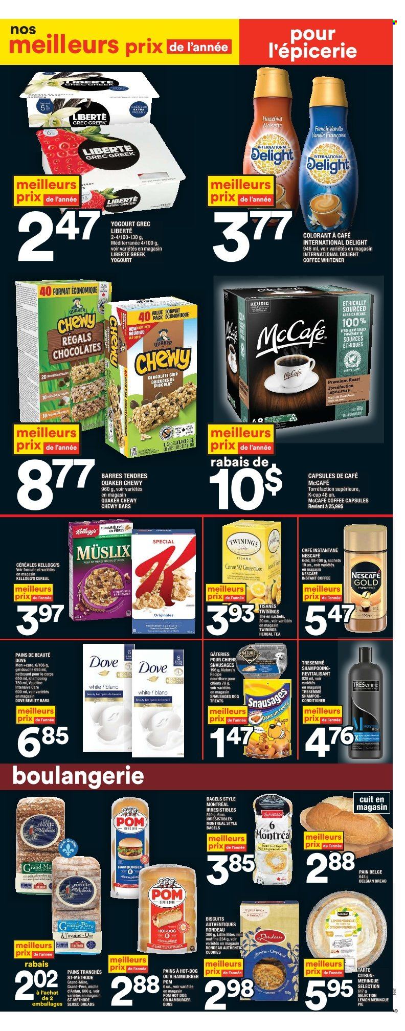 thumbnail - Super C Flyer - March 23, 2023 - March 29, 2023 - Sales products - bagels, bread, buns, burger buns, muffin, hot dog, Quaker, roast, coffee whitener, cookies, Dove, chocolate chips, Kellogg's, biscuit, Little Bites, oatmeal, cereals, dried fruit, tea, herbal tea, Twinings, instant coffee, arabica beans, coffee capsules, McCafe, K-Cups, Keurig, Vaseline, conditioner, TRESemmé, raisins, shampoo, Nescafé. Page 6.