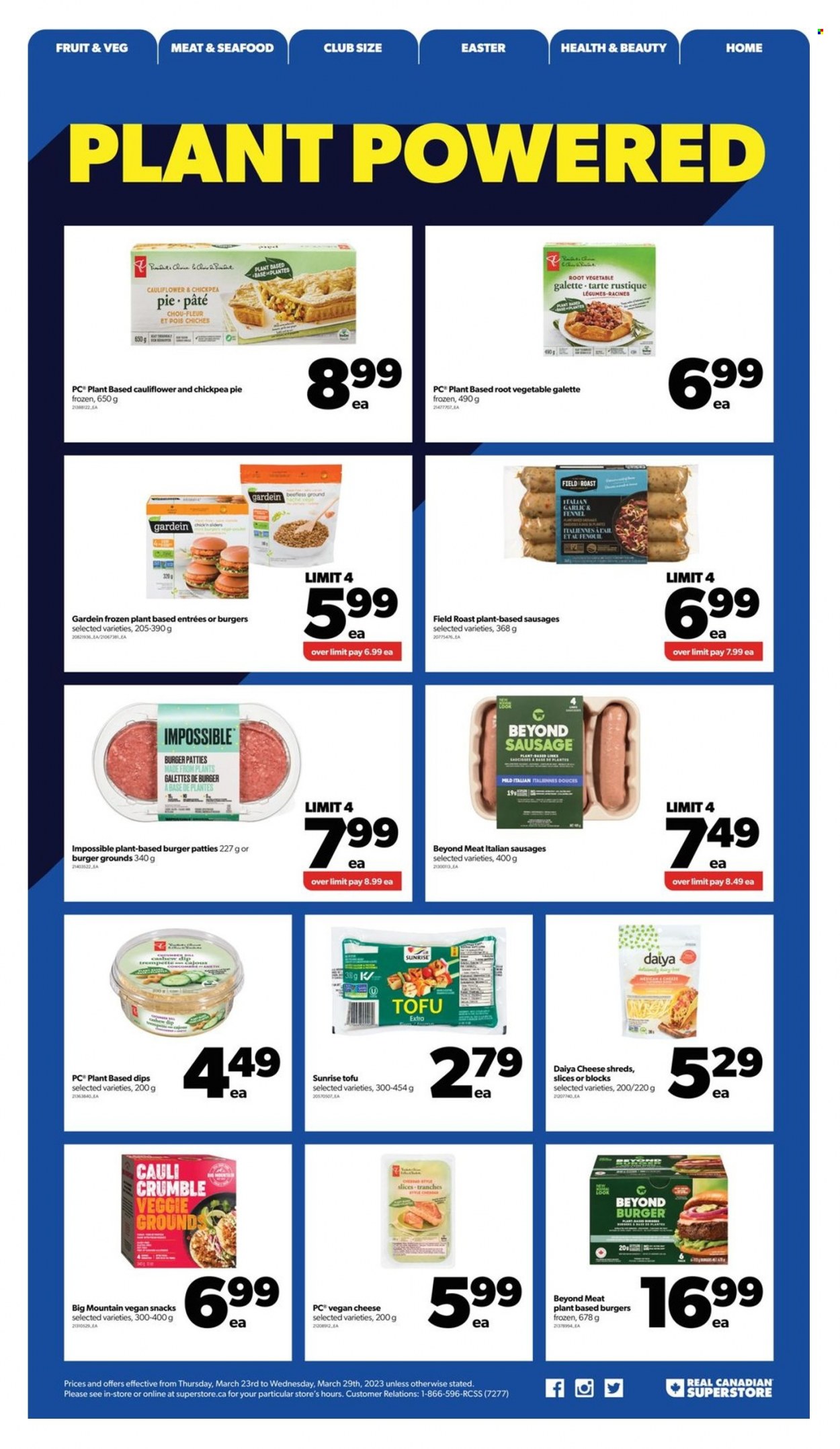 thumbnail - Real Canadian Superstore Flyer - March 23, 2023 - March 29, 2023 - Sales products - pie, seafood, roast, sausage, cheese, tofu, dip, snack, burger patties, server. Page 13.