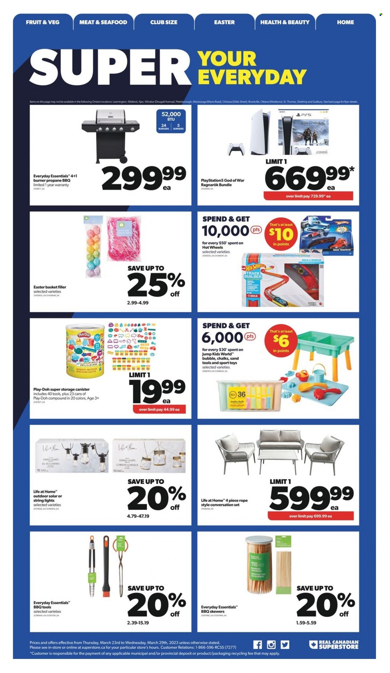 thumbnail - Real Canadian Superstore Flyer - March 23, 2023 - March 29, 2023 - Sales products - seafood, hamburger, Hot Wheels, Ajax, basket, canister, easter basket, toys, string lights, Play-doh. Page 19.