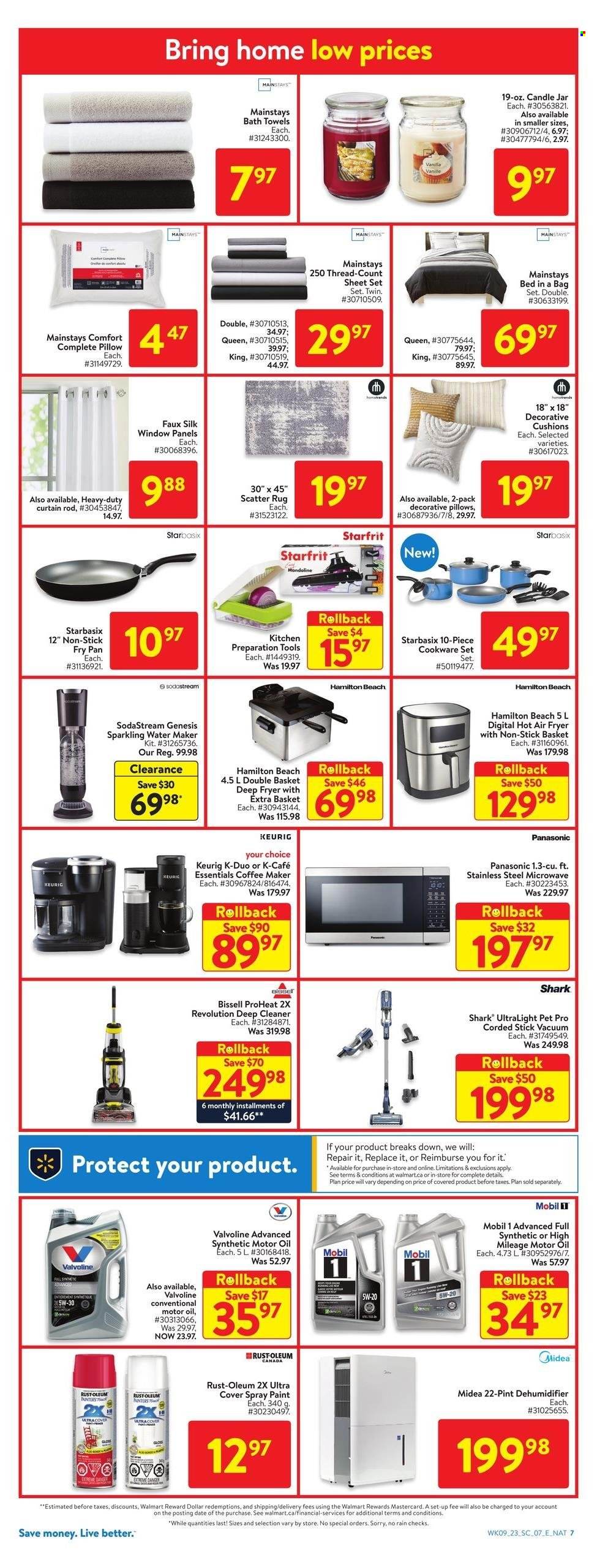 thumbnail - Walmart Flyer - March 23, 2023 - March 29, 2023 - Sales products - Silk, oil, water, Keurig, cleaner, basket, cookware set, pan, SodaStream, candle, cushion, pillow, curtain, bath towel, towel, Midea, microwave, coffee machine, Bissell, deep fryer, air fryer, water maker, bed, spray paint, Mobil, motor oil, Valvoline, Panasonic, curtain rod. Page 12.