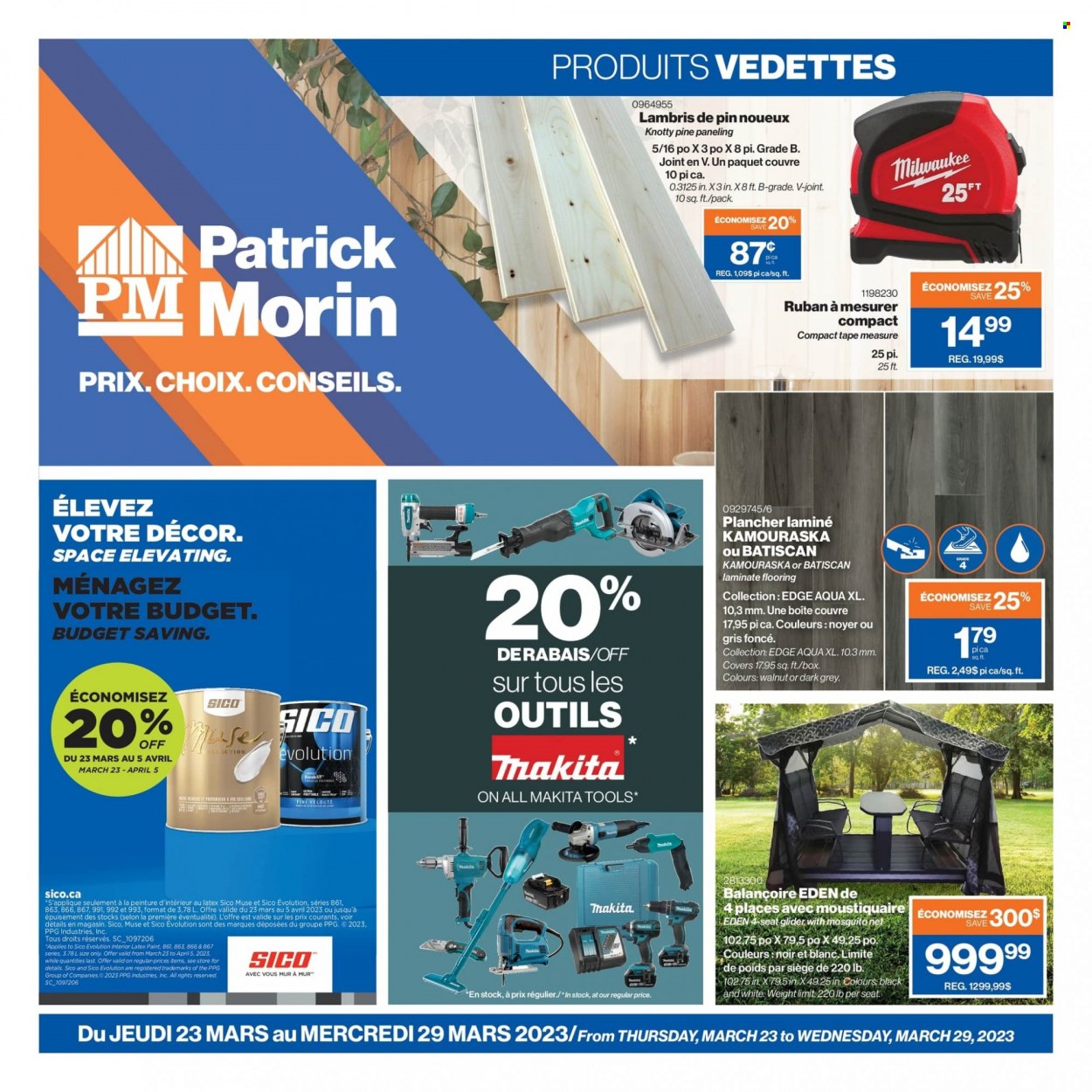 thumbnail - Patrick Morin Flyer - March 23, 2023 - March 29, 2023 - Sales products - pin, laminate floor, Milwaukee, Makita, measuring tape. Page 1.