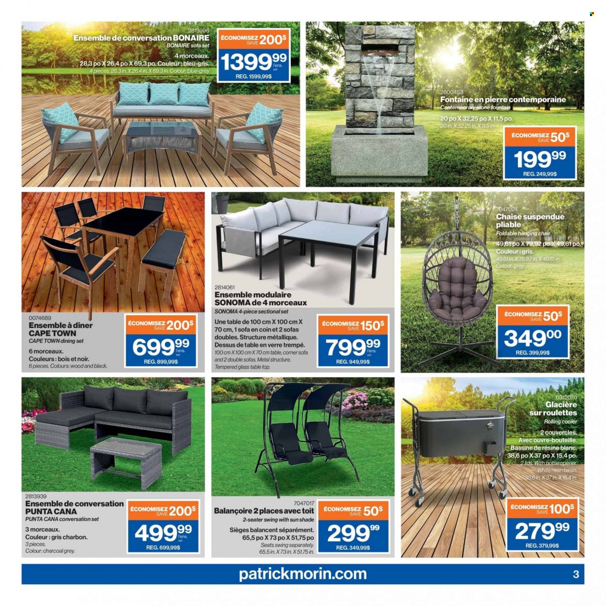 thumbnail - Patrick Morin Flyer - March 23, 2023 - March 29, 2023 - Sales products - bottle opener, dining set, table, chair, 4-piece sectional, corner sofa, sofa, sun shade. Page 3.