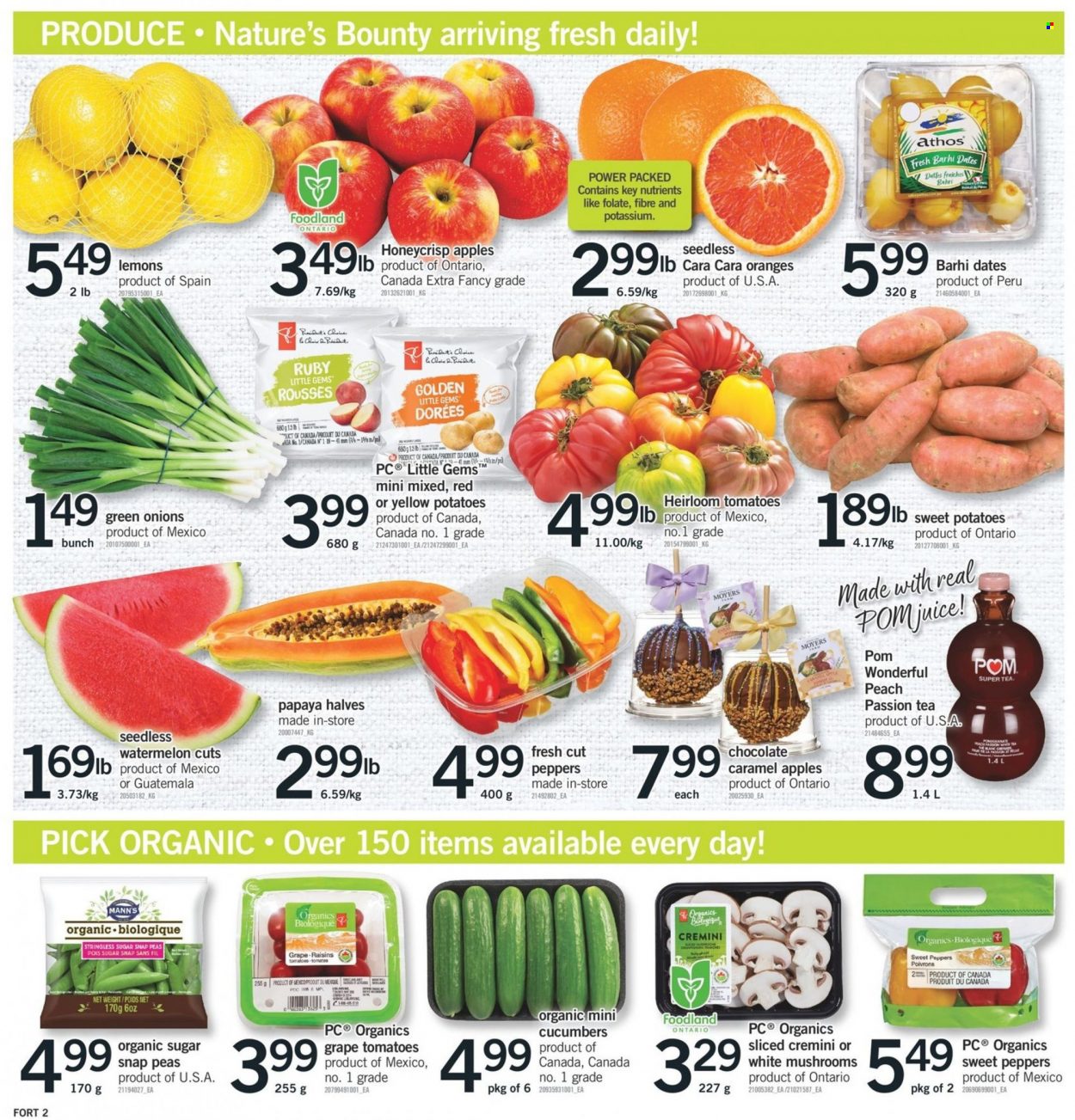 thumbnail - Fortinos Flyer - March 23, 2023 - March 29, 2023 - Sales products - mushrooms, cucumber, sweet peppers, sweet potato, tomatoes, potatoes, peas, peppers, green onion, apples, watermelon, papaya, oranges, pomegranate, lemons, snap peas, chocolate, caramel, dried fruit, tea, Nature's Bounty, raisins. Page 3.