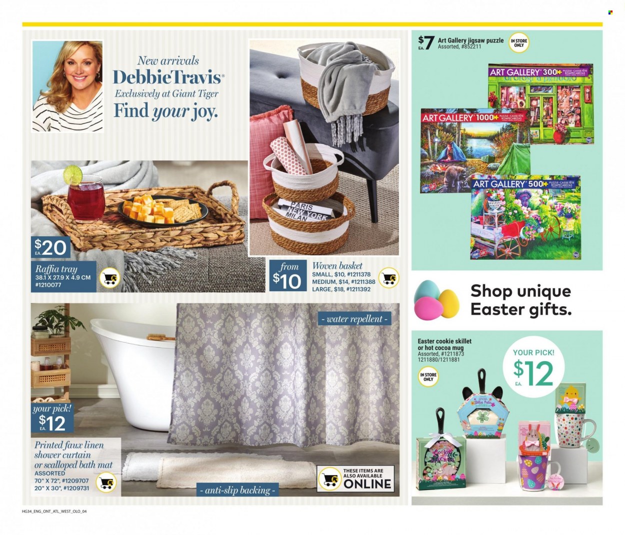 thumbnail - Giant Tiger Flyer - March 22, 2023 - March 28, 2023 - Sales products - water, hot cocoa, Joy, repellent, basket, shower curtain, mug, tray, linens, curtain, bath mat, puzzle. Page 18.