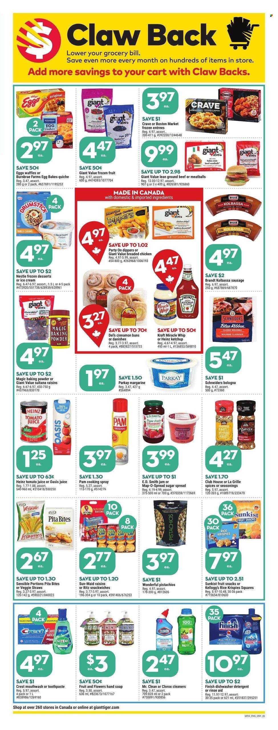 thumbnail - Giant Tiger Flyer - March 22, 2023 - March 28, 2023 - Sales products - pita, buns, waffles, meatballs, fried chicken, Kraft®, bologna sausage, sausage, yoghurt, margarine, Miracle Whip, chicken strips, quiche, Kellogg's, fruit snack, RITZ, veggie straws, sugar, Rice Krispies, cinnamon, caramel, cooking spray, fruit jam, pistachios, tomato juice, juice, chicken, beef meat, ground beef, Clorox, hand soap, soap, toothpaste, mouthwash, Crest, scope, cart, flowers, detergent, Nestlé, Heinz, ketchup. Page 2.