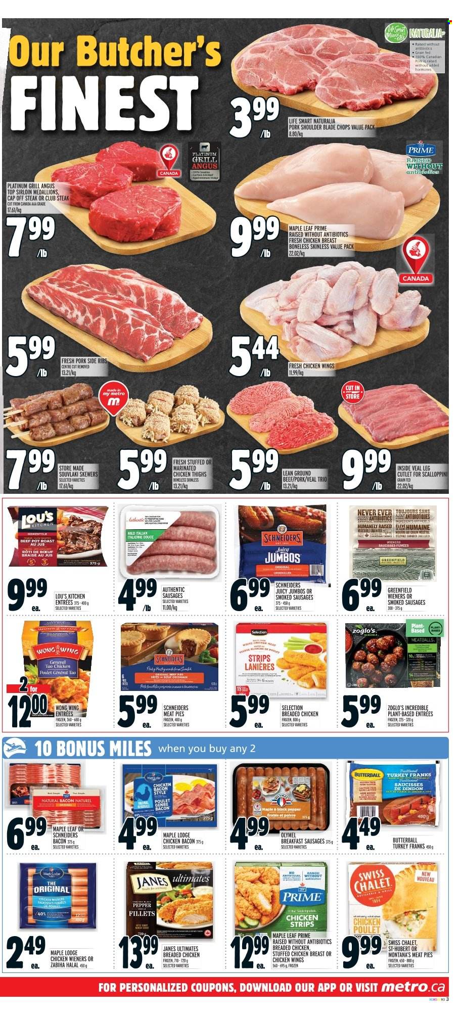 thumbnail - Metro Flyer - March 23, 2023 - March 29, 2023 - Sales products - fried chicken, stuffed chicken, roast, bacon, Butterball, sausage, chicken wings, chicken strips, black pepper, chicken breasts, chicken thighs, chicken, turkey, marinated chicken, beef meat, ground beef, steak, ribs, pork meat, pork shoulder, pot. Page 5.