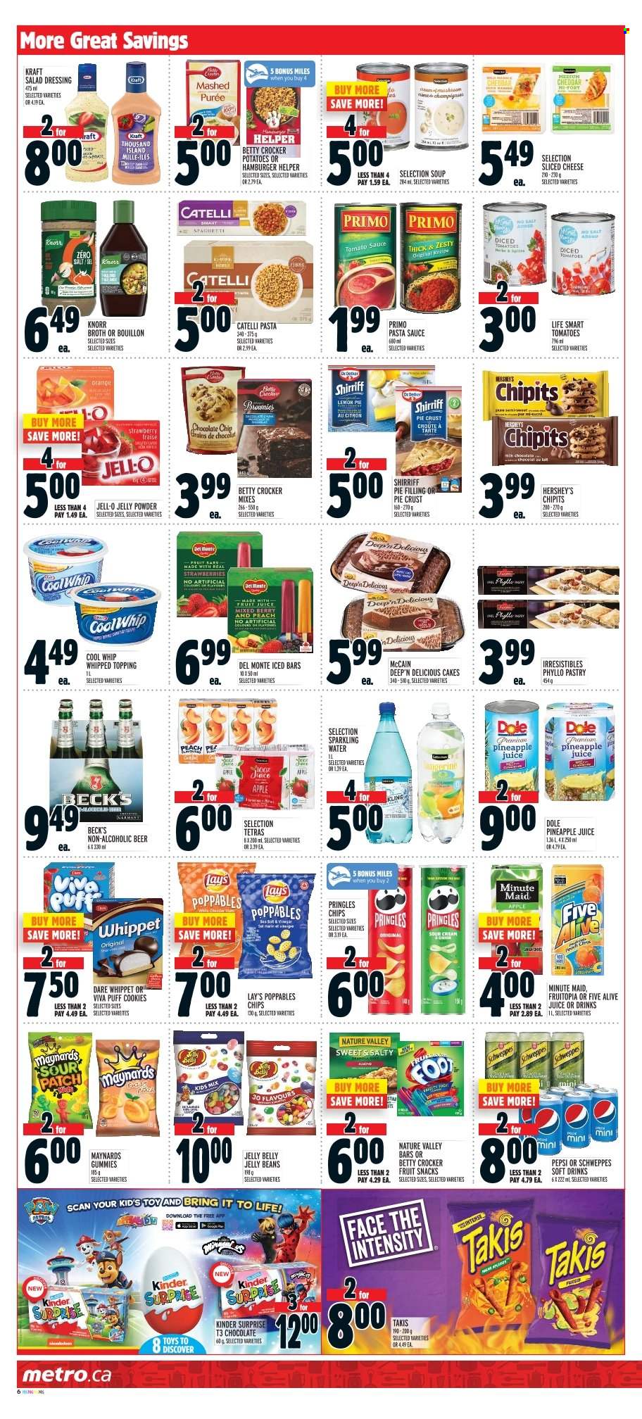 thumbnail - Metro Flyer - March 23, 2023 - March 29, 2023 - Sales products - cake, brownies, Dole, pineapple, oranges, spaghetti, pasta sauce, soup, sauce, Kraft®, sliced cheese, cheese, Cool Whip, Thousand Island dressing, Hershey's, McCain, cookies, chocolate chips, Kinder Surprise, jelly beans, fruit snack, sour patch, Pringles, chips, Lay’s, bouillon, pie crust, pie filling, topping, Jell-O, broth, tomato sauce, diced tomatoes, Del Monte, Nature Valley, salad dressing, dressing, Schweppes, pineapple juice, Pepsi, juice, fruit juice, soft drink, fruit punch, sparkling water, water, beer, Beck's, plant seeds, Knorr. Page 12.