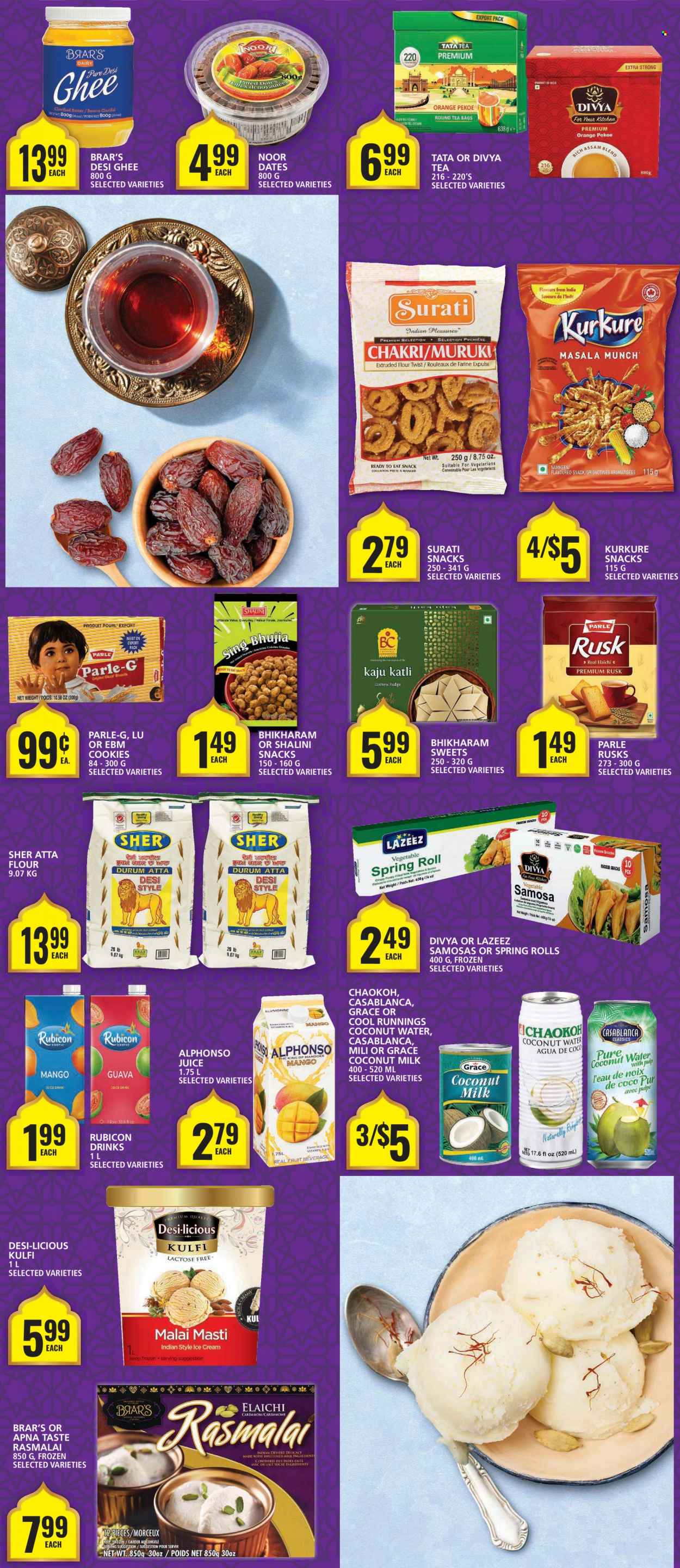 thumbnail - Food Basics Flyer - March 23, 2023 - March 29, 2023 - Sales products - rusks, guava, oranges, spring rolls, ghee, cookies, snack, Parle, flour, coconut milk, bhujia, juice, water, tea bags, PREMIERE. Page 3.
