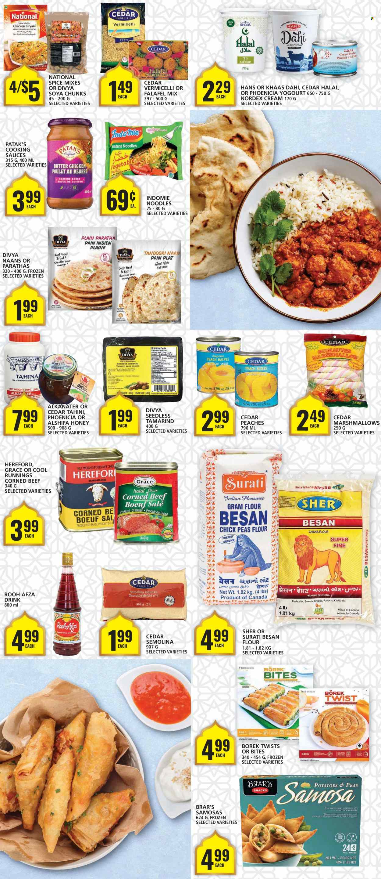 thumbnail - Food Basics Flyer - March 23, 2023 - March 29, 2023 - Sales products - peaches, noodles, corned beef, yoghurt, marshmallows, snack, flour, gram flour, semolina, tamarind, soya chunks, spice, tahini, honey, chicken, beef meat. Page 4.