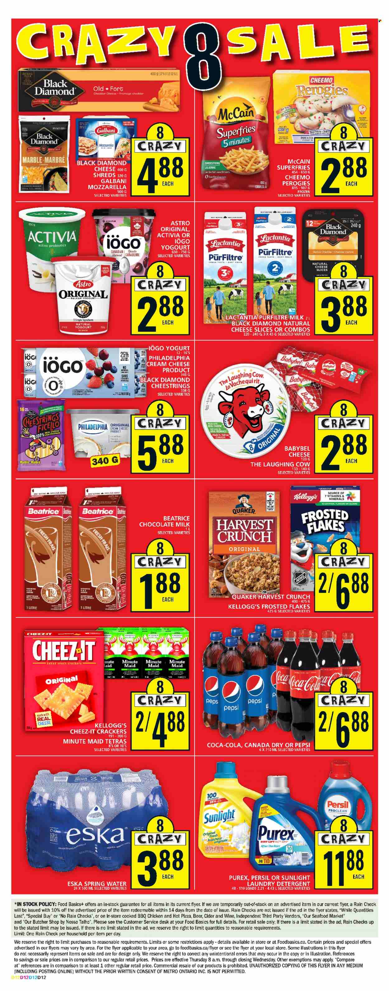 thumbnail - Food Basics Flyer - March 23, 2023 - March 29, 2023 - Sales products - seafood, pizza, Quaker, cream cheese, sliced cheese, string cheese, cheese, The Laughing Cow, Galbani, Babybel, yoghurt, Activia, milk, McCain, potato fries, milk chocolate, crackers, Kellogg's, Cheez-It, Frosted Flakes, Canada Dry, Coca-Cola, Pepsi, fruit punch, spring water, water, wine, cider, beer, chicken, Persil, laundry detergent, Sunlight, Purex, probiotics, detergent, Philadelphia. Page 2.