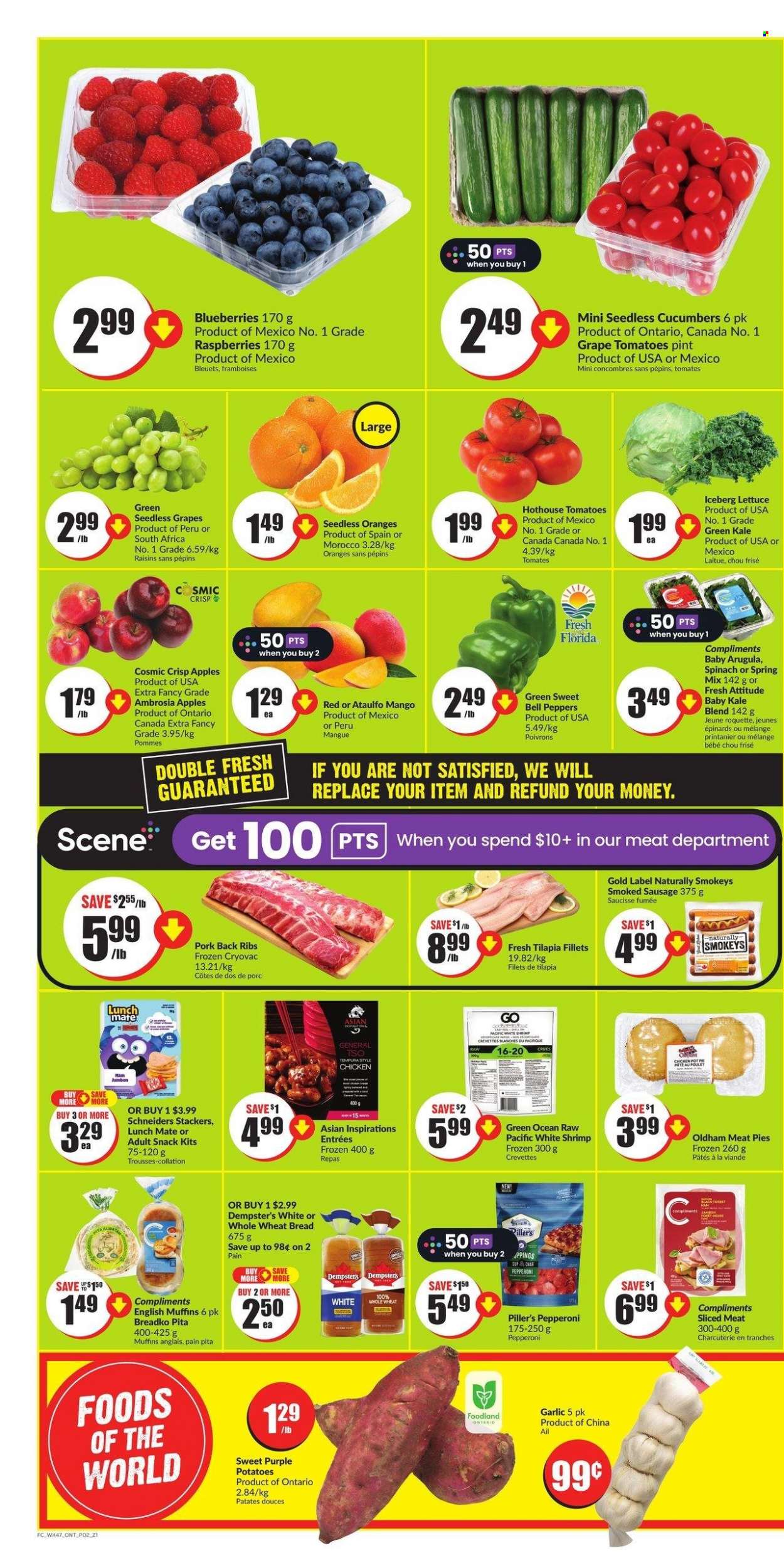 thumbnail - FreshCo. Flyer - March 23, 2023 - March 29, 2023 - Sales products - english muffins, wheat bread, pita, bell peppers, cucumber, garlic, tomatoes, kale, potatoes, lettuce, peppers, apples, mango, seedless grapes, oranges, tilapia, shrimps, sausage, smoked sausage, pepperoni, snack, dried fruit, chicken, ribs, pork meat, pork ribs, pork back ribs, raisins. Page 2.