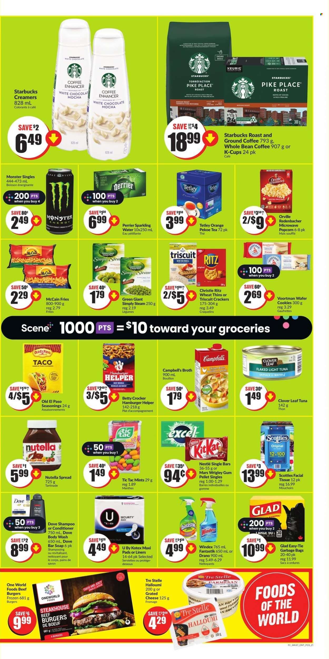 thumbnail - FreshCo. Flyer - March 23, 2023 - March 29, 2023 - Sales products - Old El Paso, oranges, tuna, Campbell's, beef burger, roast, halloumi, parmesan, cheese, grated cheese, Clover, McCain, potato fries, cookies, Dove, wafers, white chocolate, chocolate, Mars, KitKat, crackers, Tic Tac, RITZ, Thins, popcorn, bouillon, chicken broth, broth, light tuna, Monster, Monster Energy, Perrier, sparkling water, water, tea, coffee, ground coffee, coffee capsules, Starbucks, K-Cups, Keurig, tissues, Windex, body wash, soap bar, soap, sanitary pads, Kotex, serviettes, Nestlé, shampoo, Nutella. Page 3.