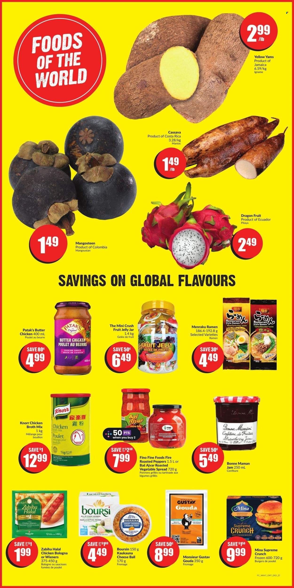 thumbnail - FreshCo. Flyer - March 23, 2023 - March 29, 2023 - Sales products - peppers, cassava, dragon fruit, ramen, hamburger, bologna sausage, gouda, cheddar, cheese, jelly, bouillon, chicken broth, broth, strawberry jam, herbs, miso, ajvar, fruit jam, Omo, jar, Knorr. Page 8.