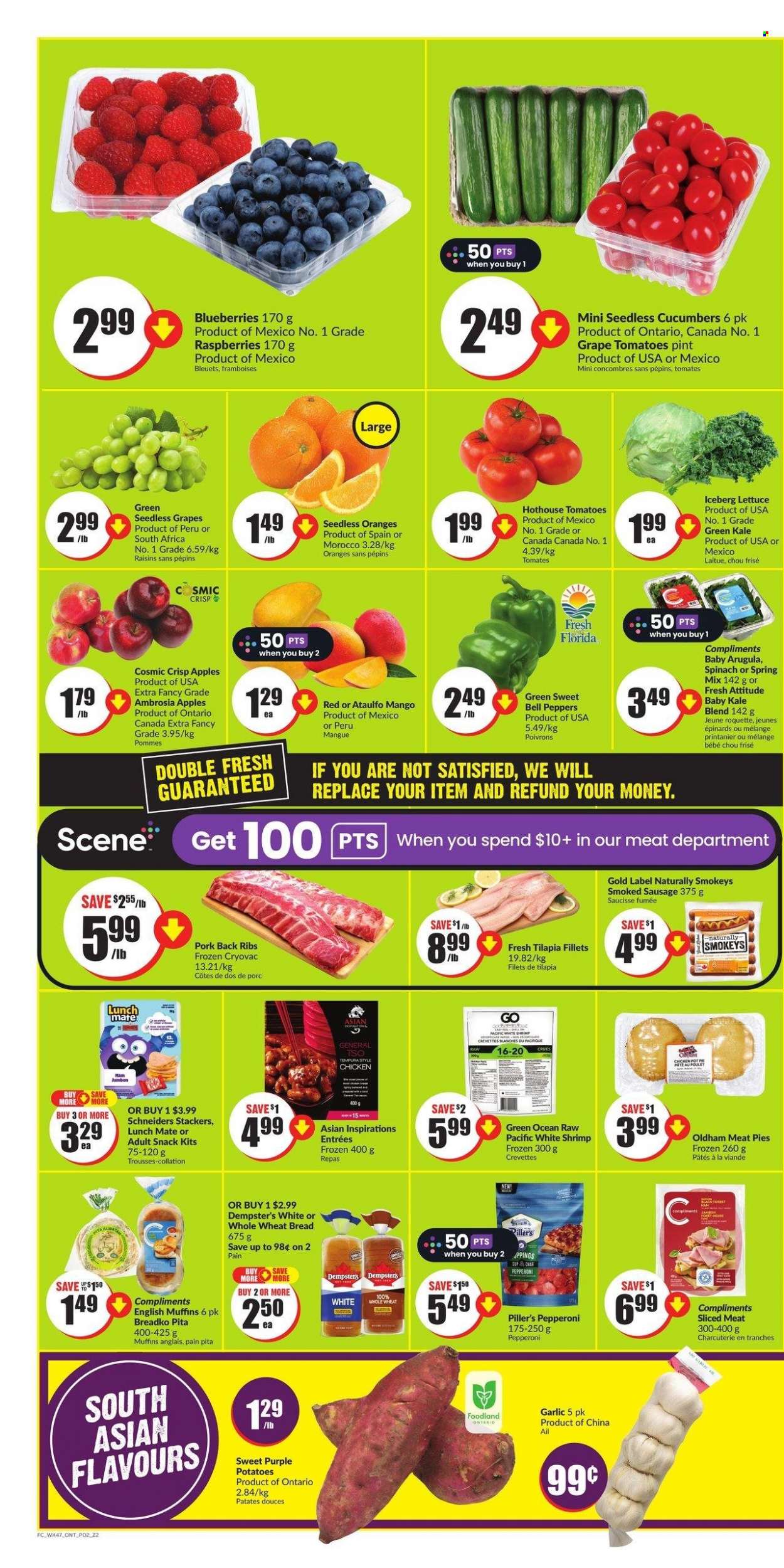 thumbnail - Chalo! FreshCo. Flyer - March 23, 2023 - March 29, 2023 - Sales products - english muffins, wheat bread, pita, bell peppers, cucumber, garlic, tomatoes, kale, potatoes, lettuce, peppers, apples, mango, seedless grapes, oranges, tilapia, shrimps, sausage, smoked sausage, pepperoni, snack, dried fruit, chicken, ribs, pork meat, pork ribs, pork back ribs, raisins. Page 2.