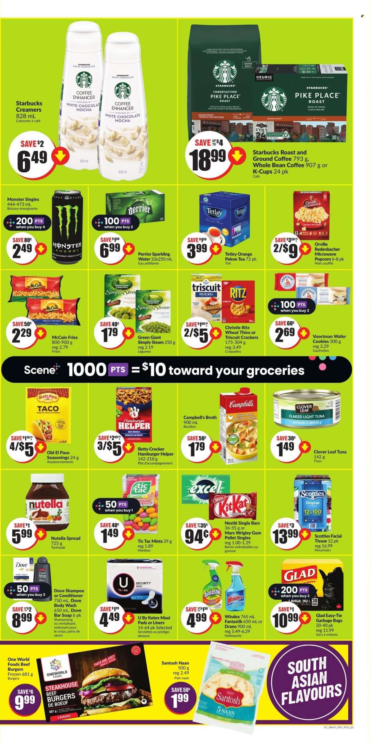 thumbnail - Chalo! FreshCo. Flyer - March 23, 2023 - March 29, 2023 - Sales products - Old El Paso, garlic, oranges, tuna, Campbell's, beef burger, roast, Clover, McCain, potato fries, cookies, Dove, wafers, white chocolate, chocolate, Mars, crackers, Tic Tac, RITZ, Thins, popcorn, bouillon, chicken broth, broth, light tuna, Monster, Monster Energy, Perrier, sparkling water, water, tea, coffee, ground coffee, coffee capsules, Starbucks, K-Cups, Keurig, tissues, Windex, body wash, soap bar, soap, sanitary pads, Kotex, serviettes, Nestlé, shampoo, Nutella. Page 3.