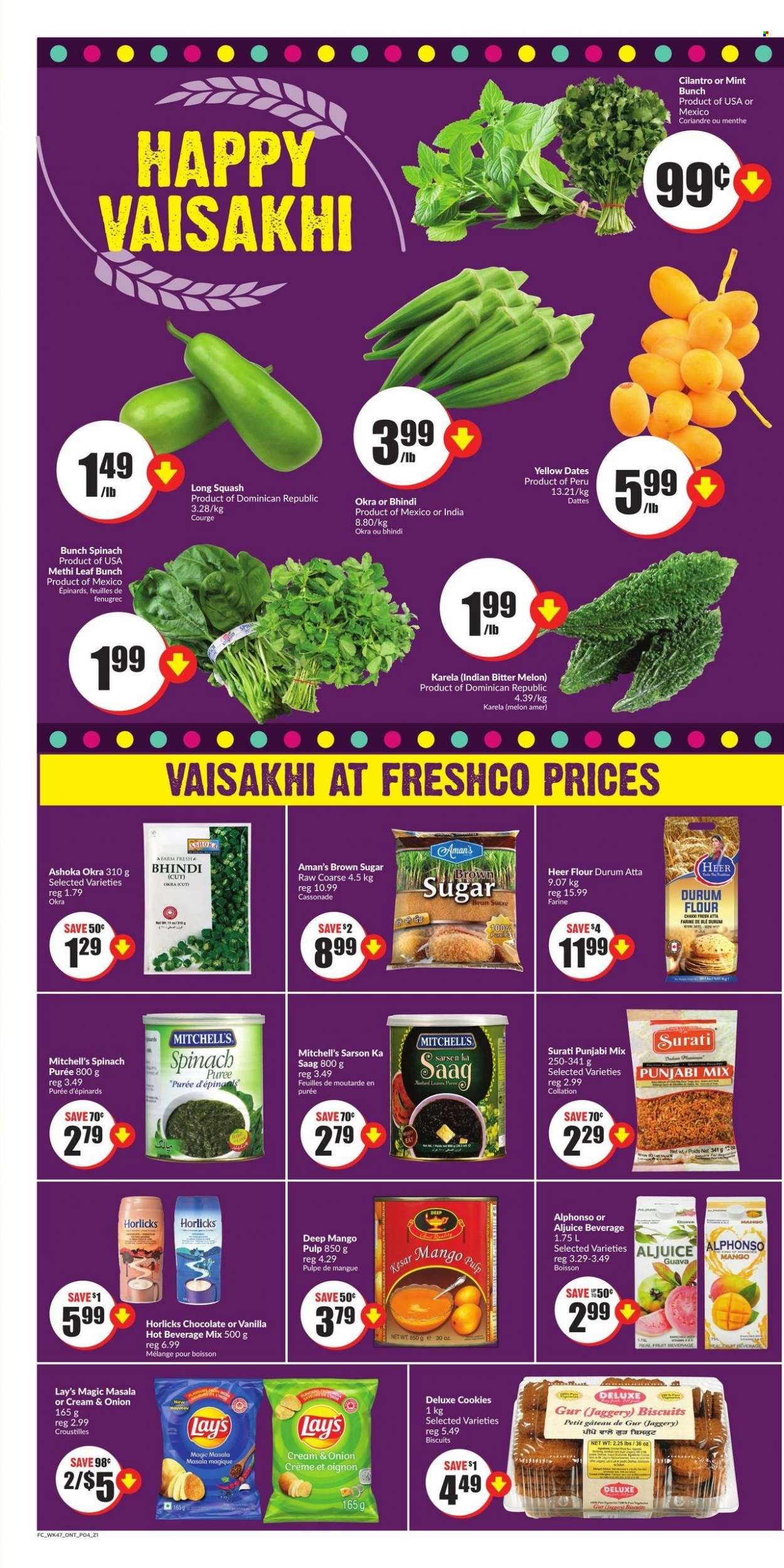 thumbnail - Chalo! FreshCo. Flyer - March 23, 2023 - March 29, 2023 - Sales products - spinach, okra, guava, mango, melons, Horlicks, cookies, chocolate, biscuit, Lay’s, cane sugar, flour, cilantro, mustard. Page 4.