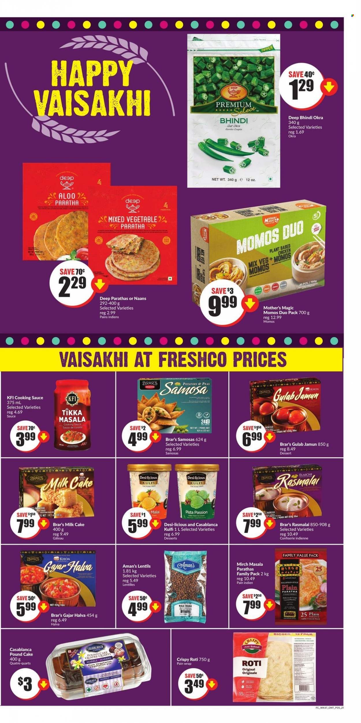 thumbnail - Chalo! FreshCo. Flyer - March 23, 2023 - March 29, 2023 - Sales products - cake, pound cake, okra, sauce, Tikka Masala, milk, mixed vegetables, lentils, chicken. Page 5.