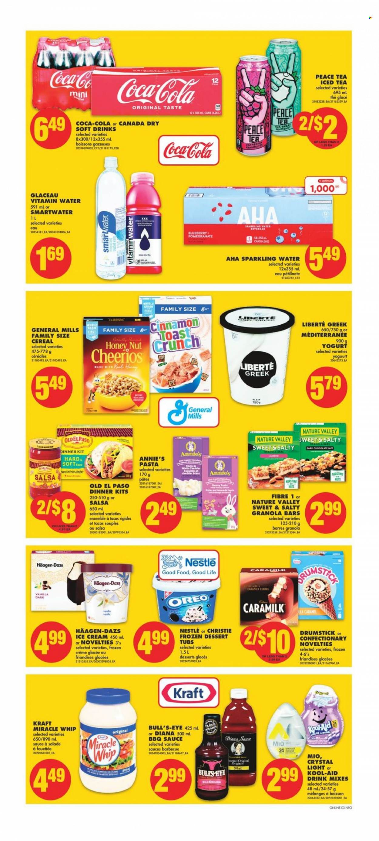 thumbnail - No Frills Flyer - March 23, 2023 - March 29, 2023 - Sales products - Old El Paso, tacos, pomegranate, pasta, dinner kit, Annie's, Kraft®, yoghurt, Miracle Whip, ice cream, Häagen-Dazs, dark chocolate, cereals, Cheerios, granola bar, Nature Valley, Good Life, cinnamon, BBQ sauce, caramel, salsa, Canada Dry, Coca-Cola, ice tea, soft drink, sparkling water, Smartwater, vitamin water, water, Nestlé, Oreo. Page 7.