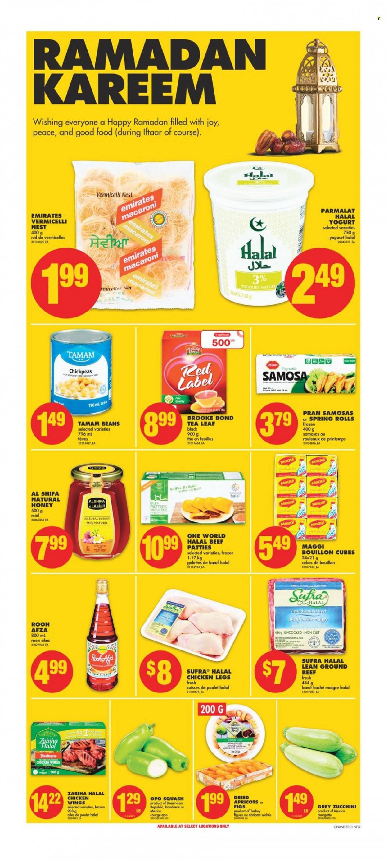thumbnail - No Frills Flyer - March 23, 2023 - March 29, 2023 - Sales products - beans, zucchini, figs, apricots, macaroni, spring rolls, yoghurt, Parmalat, chicken wings, bouillon, Maggi, chickpeas, honey, dried fruit, dried figs, tea, chicken legs, chicken, turkey, beef meat, ground beef, Surf, Joy, Optimum. Page 10.