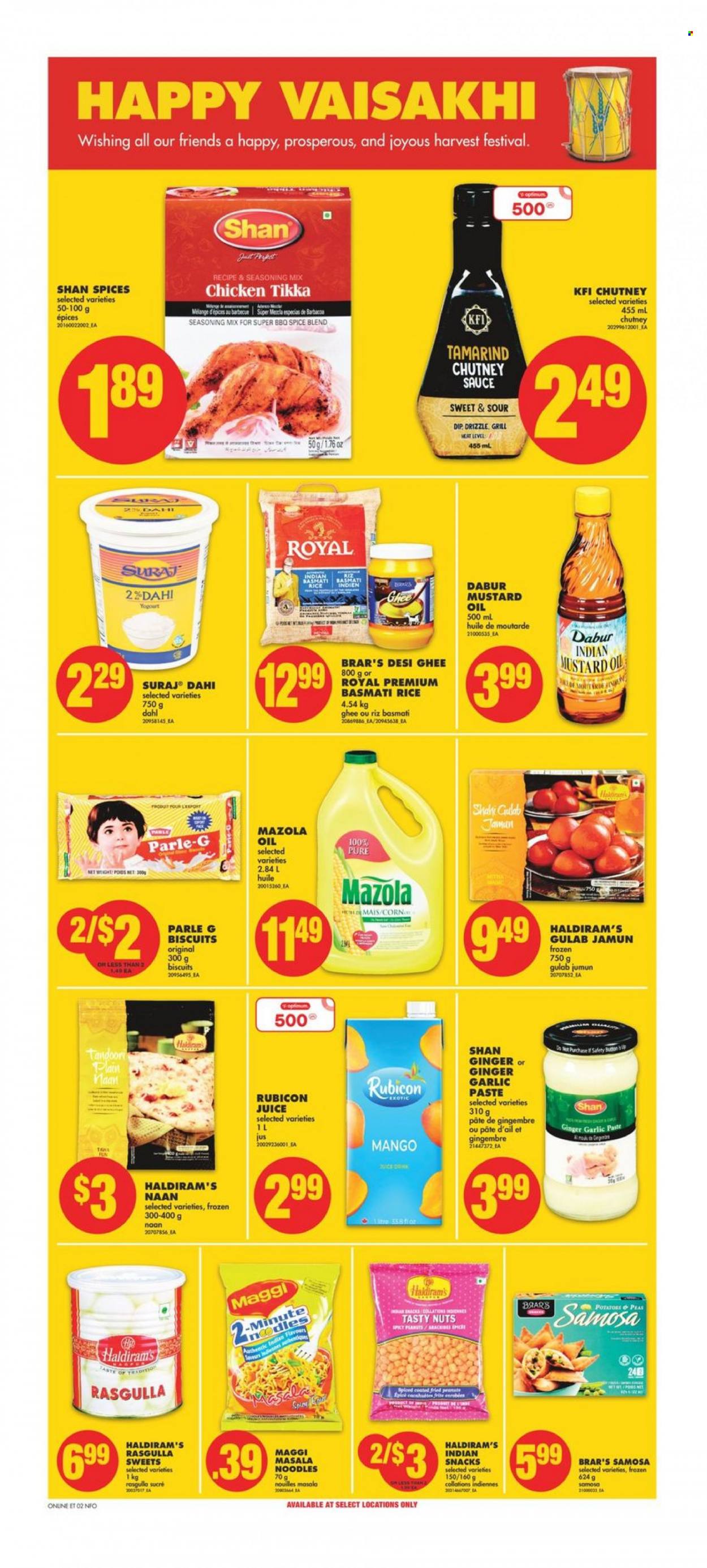 thumbnail - No Frills Flyer - March 23, 2023 - March 29, 2023 - Sales products - garlic, sauce, noodles, ghee, snack, biscuit, Parle, Maggi, tamarind, Dabur, basmati rice, rice, spice, mustard, chutney, garlic paste, oil, peanuts, juice, chicken. Page 11.