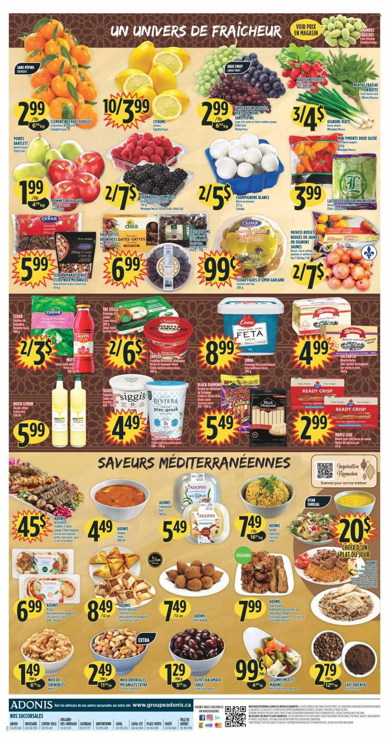 thumbnail - Adonis Flyer - March 23, 2023 - March 29, 2023 - Sales products - mushrooms, garlic, russet potatoes, zucchini, potatoes, salad, peppers, eggplant, green onion, Bartlett pears, clementines, figs, Gala, grapes, seedless grapes, pears, lemons, seafood, pizza, pasta, bacon, hummus, cream cheese, feta, yoghurt, butter, salted butter, mixed vegetables, cheese sticks, almonds, walnuts, dried fruit, mixed nuts, juice, coffee, Castle, beef tenderloin, couscous, raisins, ricotta, olives. Page 2.