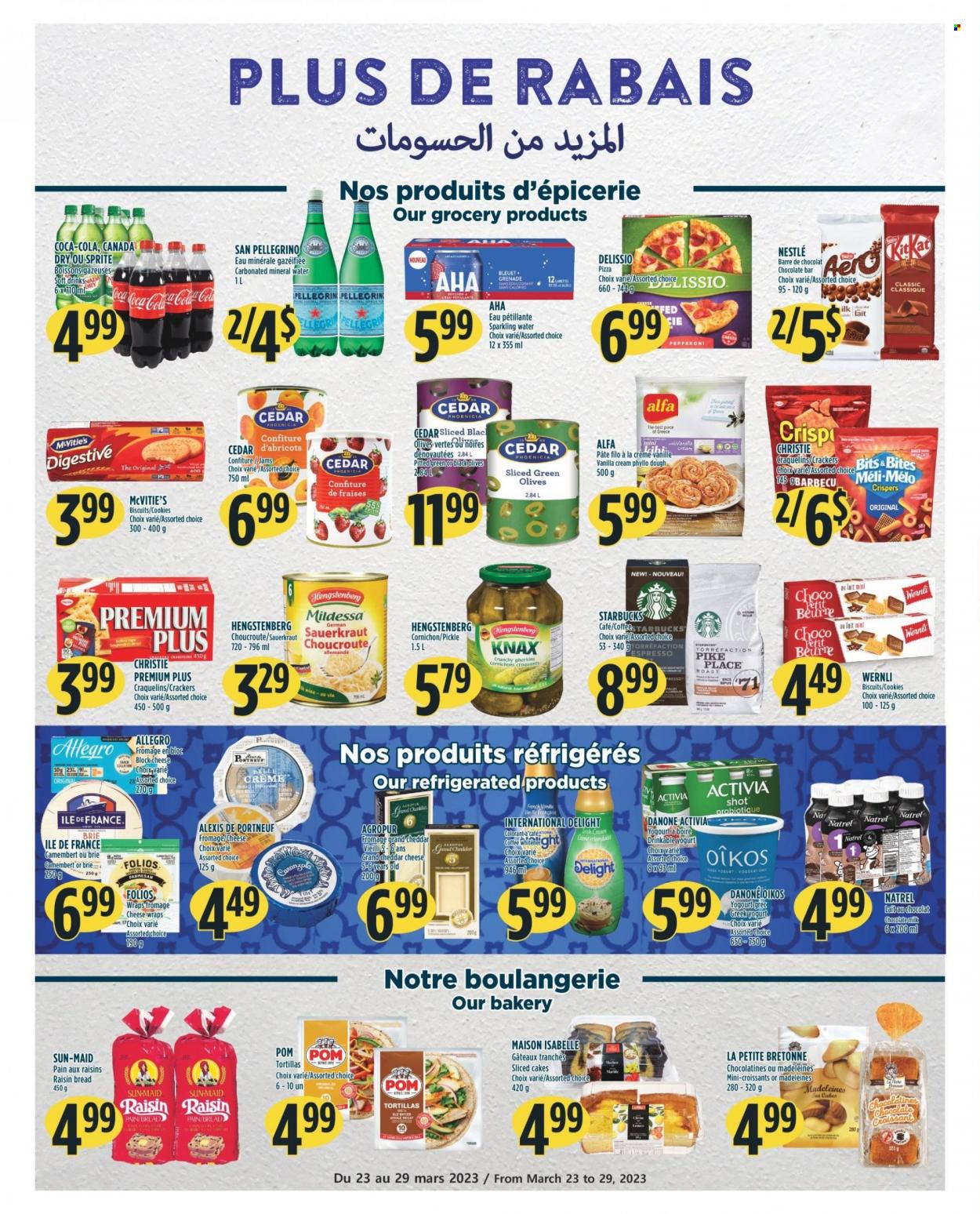 thumbnail - Adonis Flyer - March 23, 2023 - March 29, 2023 - Sales products - bread, tortillas, cake, croissant, wraps, pizza, cheddar, cheese, brie, greek yoghurt, yoghurt, Activia, Oikos, filo dough, cookies, Mars, crackers, biscuit, Digestive, chocolate bar, sauerkraut, dried fruit, Canada Dry, Coca-Cola, Sprite, soft drink, mineral water, sparkling water, San Pellegrino, water, coffee, Starbucks, camembert, Nestlé, raisins, olives, Danone. Page 7.