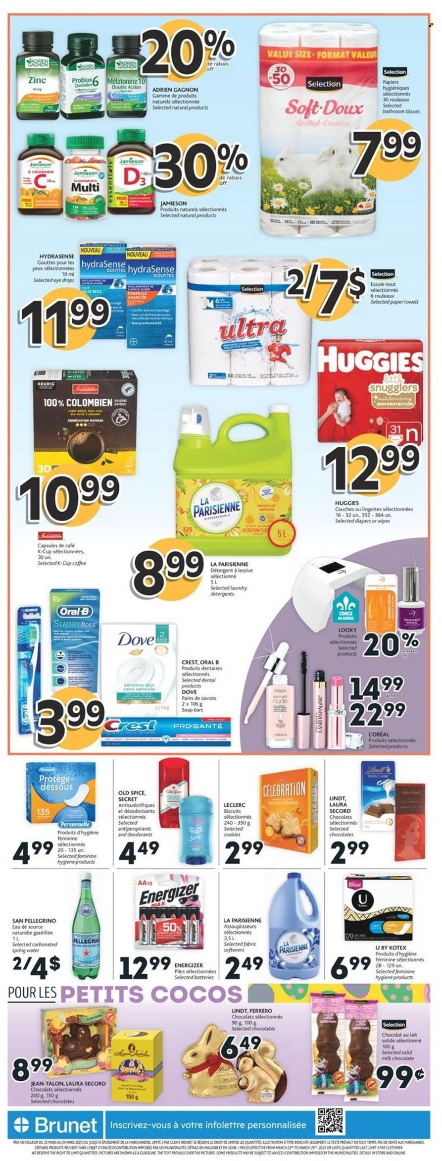 thumbnail - Brunet Flyer - March 23, 2023 - March 29, 2023 - Sales products - cookies, Dove, milk chocolate, chocolate, Mars, Celebration, biscuit, spring water, San Pellegrino, water, coffee, coffee capsules, K-Cups, wipes, nappies, toilet paper, tissues, kitchen towels, paper towels, soap, Crest, Kotex, L’Oréal, battery, eye drops, zinc, detergent, Energizer, Huggies, Old Spice, Oral-B, Lindt, Ferrero Rocher, deodorant. Page 2.