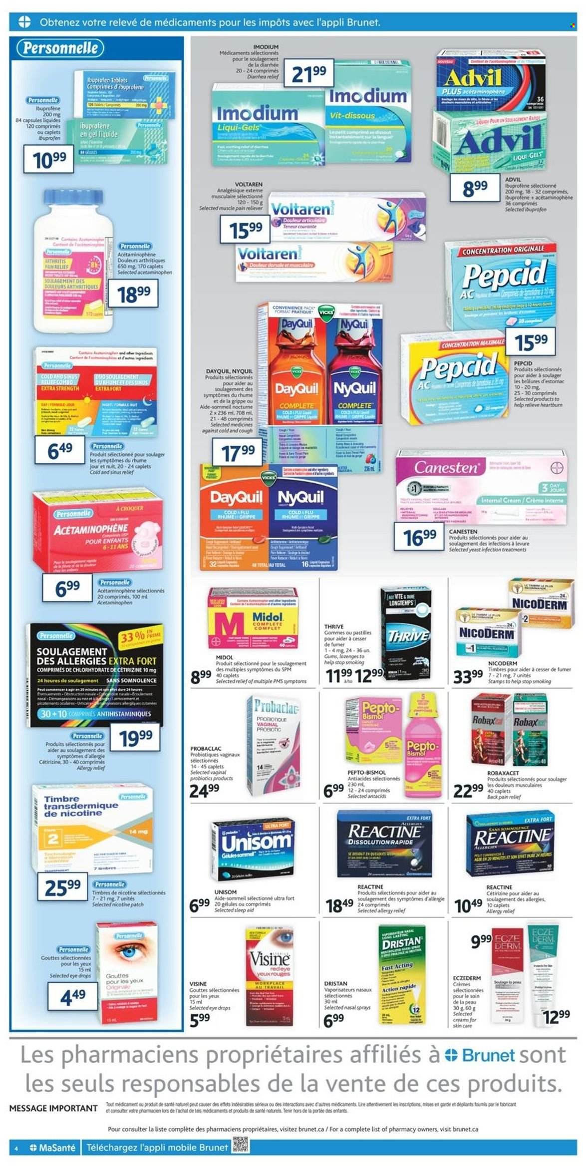 thumbnail - Brunet Flyer - March 23, 2023 - March 29, 2023 - Sales products - pastilles, Vicks, pain relief, DayQuil, NicoDerm, Unisom, Ibuprofen, probiotics, Pepcid, Pepto-bismol, NyQuil, eye drops, Advil Rapid, allergy relief, Imodium. Page 3.