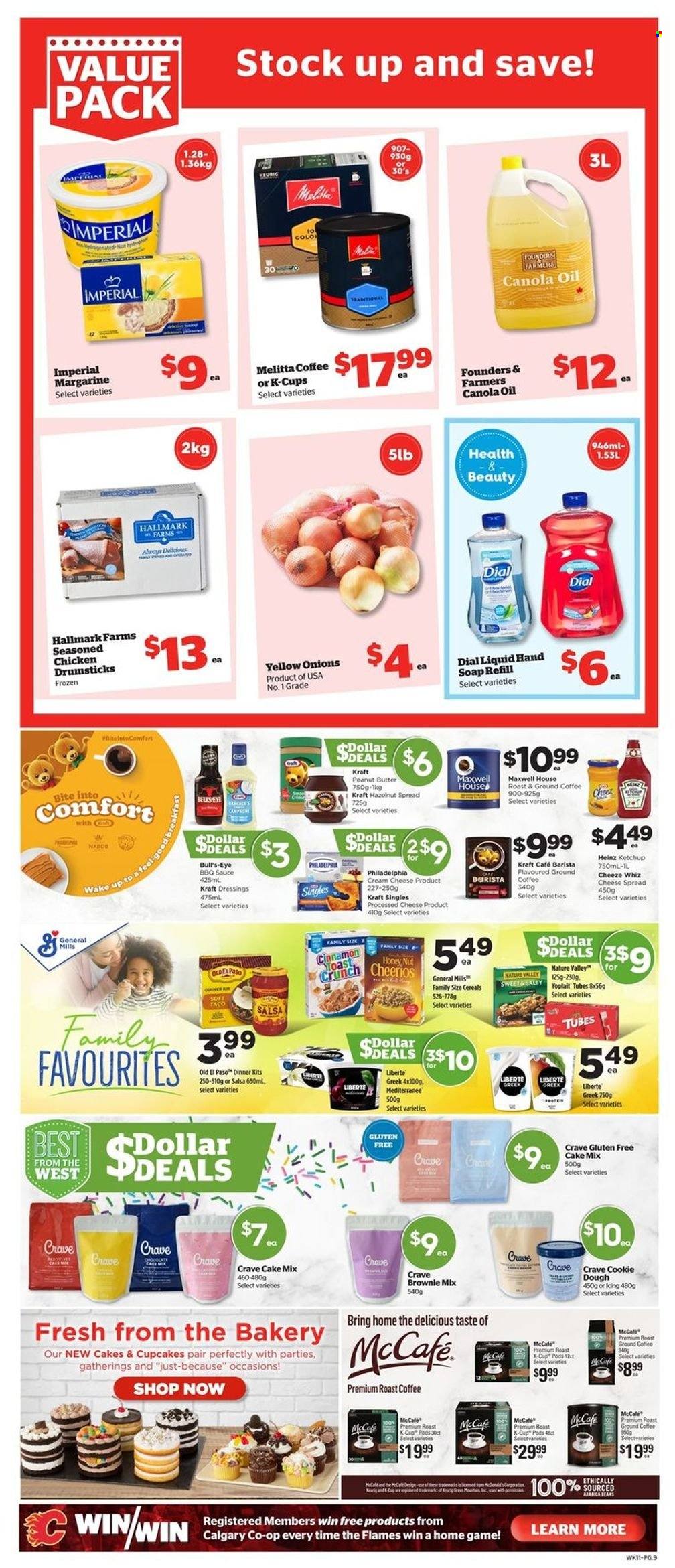 thumbnail - Calgary Co-op Flyer - March 23, 2023 - March 29, 2023 - Sales products - Old El Paso, cupcake, brownie mix, cake mix, onion, sauce, dinner kit, Kraft®, roast, cheese spread, cream cheese, sandwich slices, Kraft Singles, Yoplait, margarine, cookie dough, Cheerios, Nature Valley, BBQ sauce, salsa, canola oil, peanut butter, hazelnut spread, Maxwell House, coffee, arabica beans, ground coffee, McCafe, K-Cups, Keurig, chicken drumsticks, chicken, hand soap, Dial, soap, Heinz, ketchup, Philadelphia. Page 12.