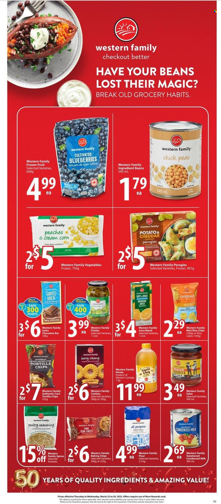 thumbnail - Save-On-Foods Flyer - March 23, 2023 - March 29, 2023 - Sales products - peaches, cheese, condensed milk, butter, cookies, chocolate bar, tortilla chips, baking chips, pickles, spice, salsa, honey, orange juice, juice. Page 2.