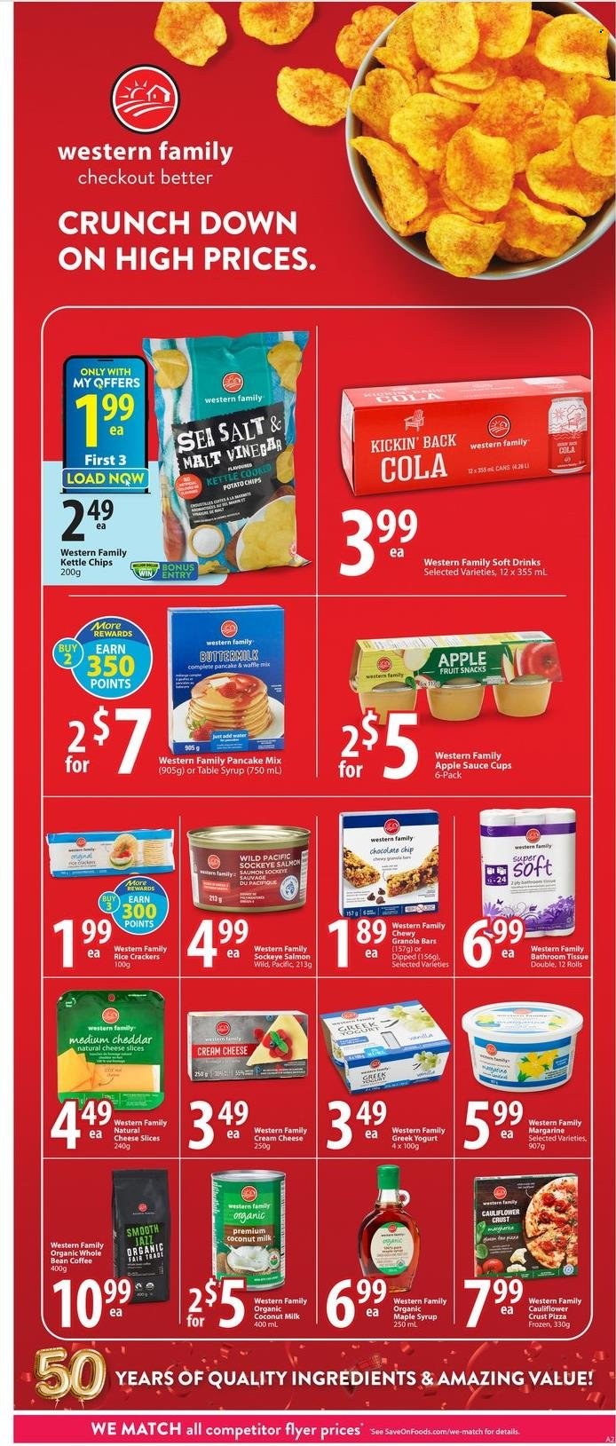 thumbnail - Save-On-Foods Flyer - March 23, 2023 - March 29, 2023 - Sales products - salmon, pizza, pancakes, cream cheese, sliced cheese, cheese, greek yoghurt, yoghurt, buttermilk, margarine, chocolate chips, crackers, fruit snack, potato chips, rice crackers, Kettle chips, coconut milk, granola bar, apple sauce, maple syrup, syrup, soft drink, water, coffee, bath tissue, cup, sauce cup. Page 3.