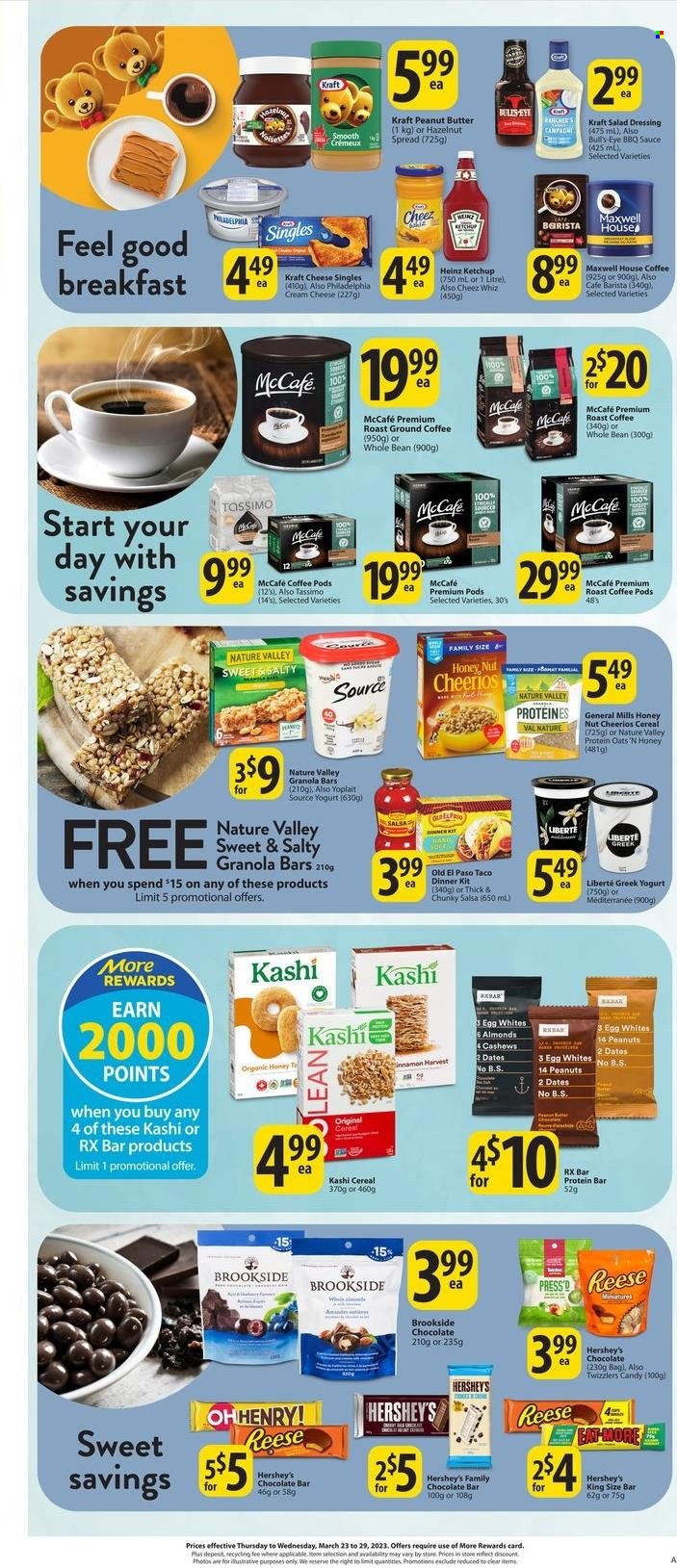 thumbnail - Save-On-Foods Flyer - March 23, 2023 - March 29, 2023 - Sales products - Old El Paso, sauce, dinner kit, Kraft®, roast, cream cheese, greek yoghurt, yoghurt, Yoplait, Hershey's, chocolate bar, oats, cereals, Cheerios, protein bar, granola bar, Nature Valley, BBQ sauce, salad dressing, dressing, salsa, peanut butter, hazelnut spread, almonds, peanuts, Maxwell House, coffee, coffee pods, ground coffee, McCafe, Heinz, ketchup, Philadelphia. Page 11.