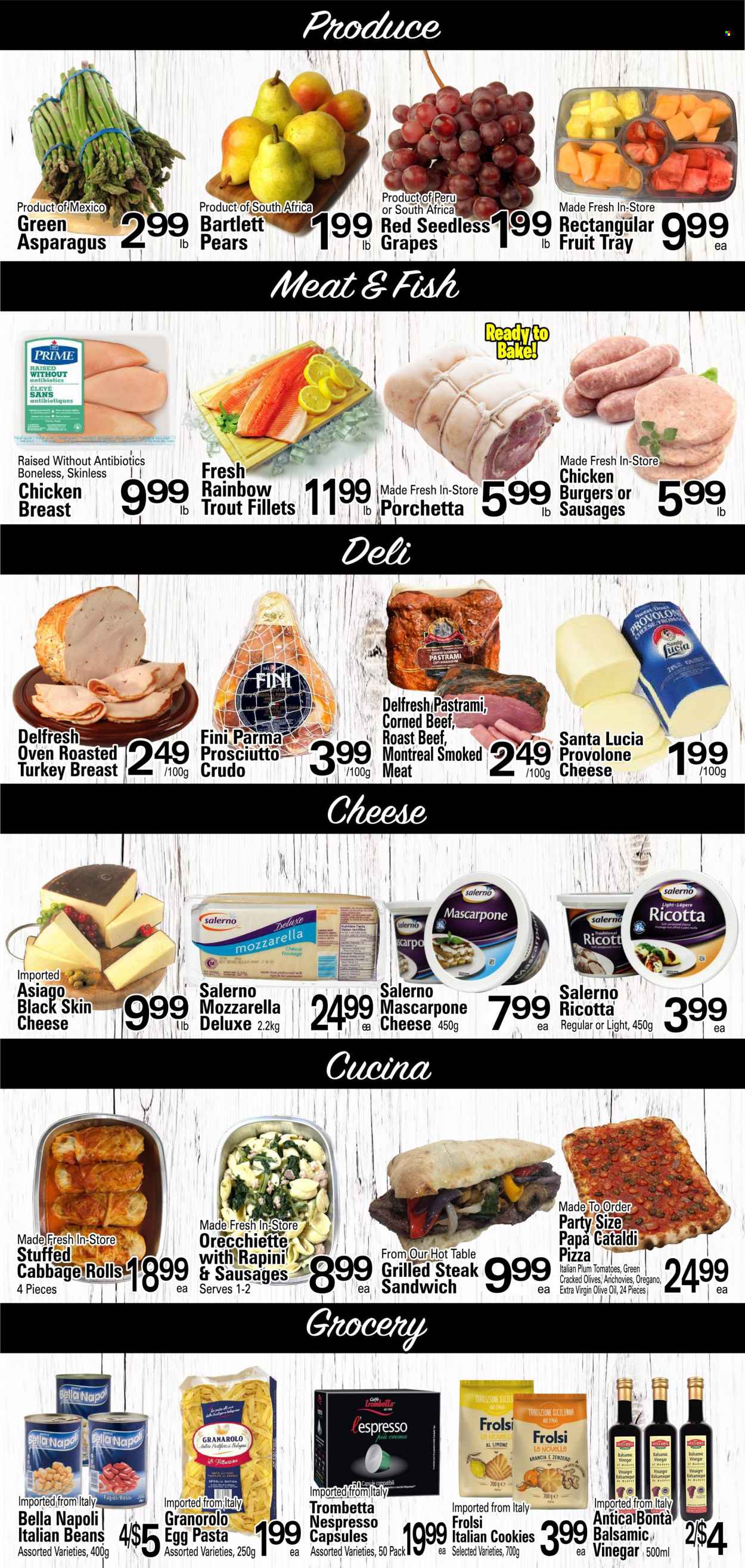 thumbnail - Cataldi Fresh Market Flyer - March 22, 2023 - March 28, 2023 - Sales products - asparagus, beans, Bella, cabbage, grapes, trout, fish, pizza, sandwich, hamburger, pasta, roast, prosciutto, pastrami, bologna sausage, corned beef, asiago, Provolone, milk, eggs, cookies, Santa, anchovies, balsamic vinegar, extra virgin olive oil, vinegar, olive oil, oil, Nespresso, chicken, turkey, beef meat, steak, roast beef, Sure, mascarpone, ricotta, olives. Page 2.