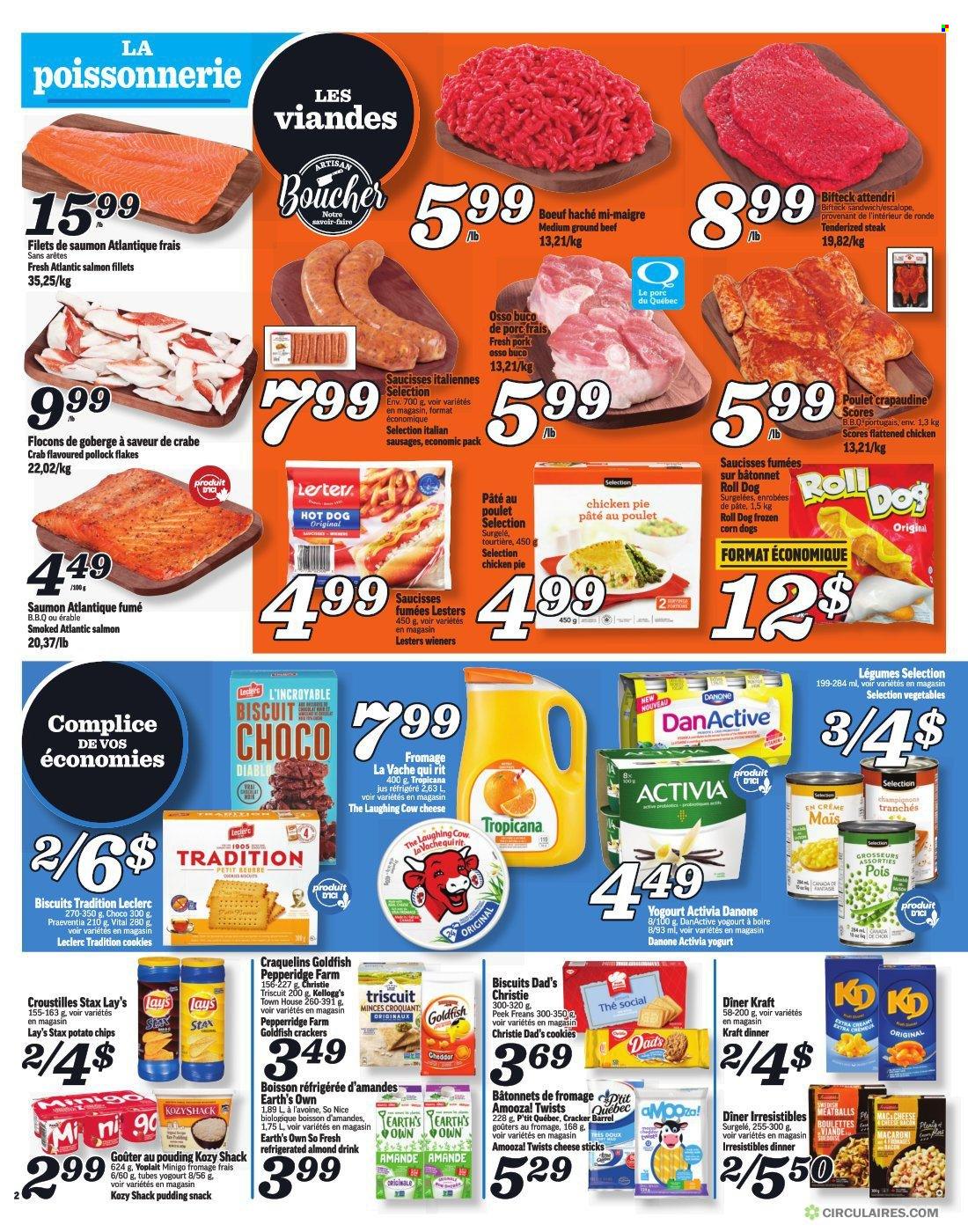 thumbnail - Marché Richelieu Flyer - March 23, 2023 - March 29, 2023 - Sales products - pie, salmon, salmon fillet, pollock, crab, hot dog, meatballs, sandwich, macaroni, Kraft®, sausage, The Laughing Cow, pudding, yoghurt, Activia, Yoplait, cheese sticks, cookies, snack, crackers, Kellogg's, biscuit, potato chips, Lay’s, Goldfish, So Nice, chicken, beef meat, ground beef, steak, Plenty, Danone. Page 2.