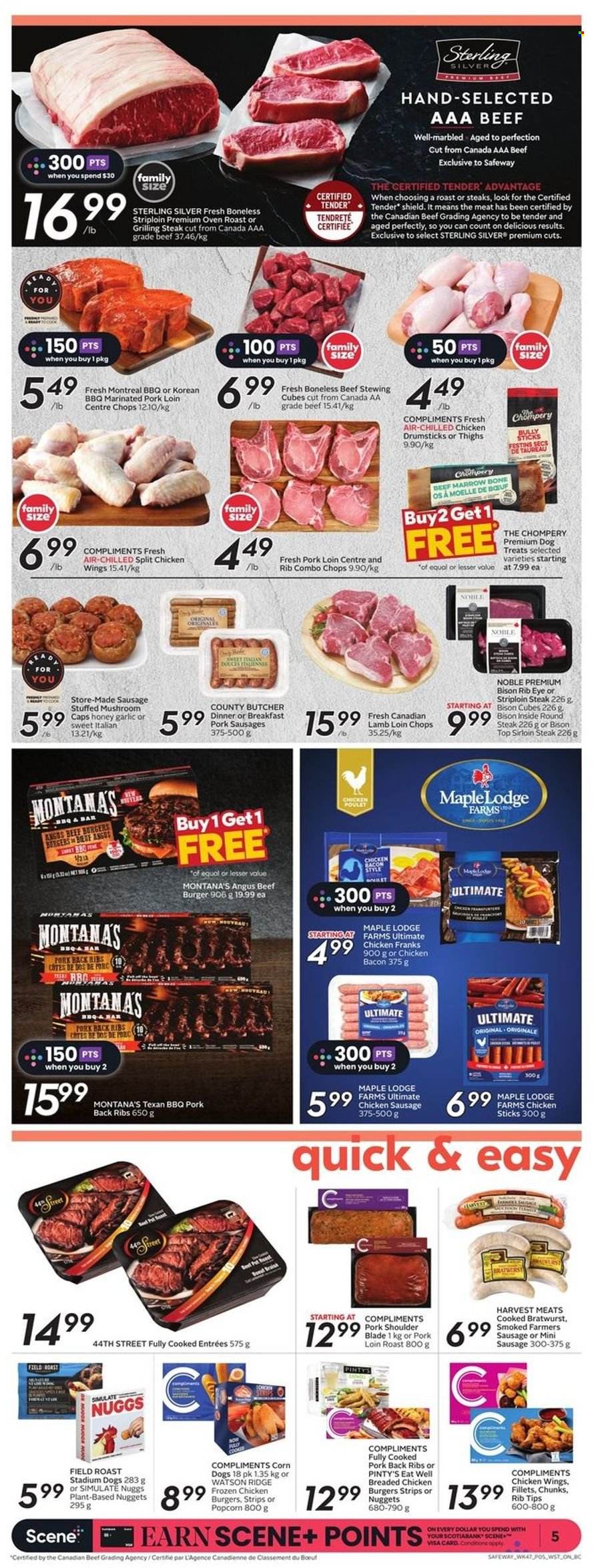 thumbnail - Safeway Flyer - March 23, 2023 - March 29, 2023 - Sales products - mushrooms, garlic, nuggets, hamburger, fried chicken, beef burger, roast, bacon, bratwurst, sausage, chicken sausage, chicken frankfurters, frankfurters, chicken wings, strips, popcorn, broth, honey, chicken drumsticks, chicken, beef meat, beef sirloin, steak, round steak, sirloin steak, striploin steak, bison meat, ribs, pork loin, pork meat, pork ribs, pork shoulder, pork back ribs, marinated pork, lamb loin, lamb meat. Page 7.