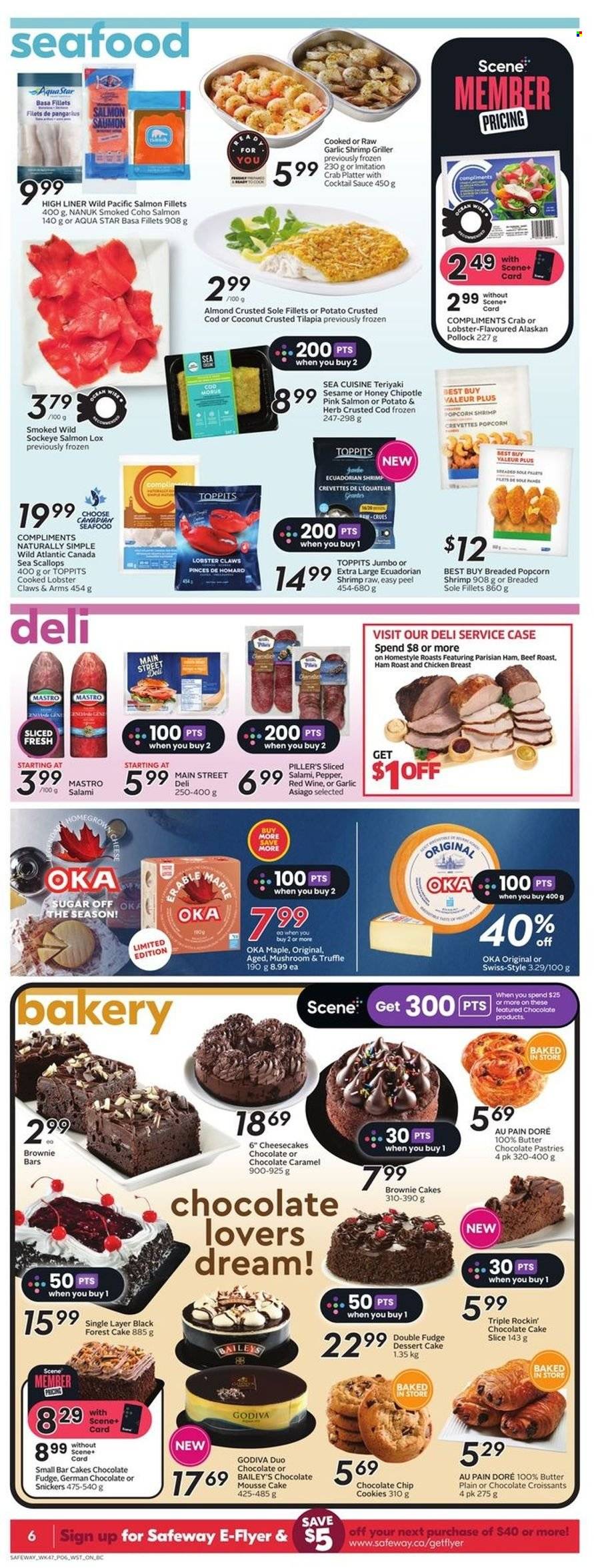 thumbnail - Safeway Flyer - March 23, 2023 - March 29, 2023 - Sales products - mushrooms, cake, croissant, brownies, chocolate cake, garlic, cod, salmon fillet, scallops, tilapia, pollock, seafood, crab, shrimps, sauce, roast, salami, ham, asiago, cookies, fudge, chocolate chips, Snickers, truffles, Godiva, sugar, pepper, caramel, cocktail sauce, Baileys, chicken breasts, chicken, beef meat, roast beef. Page 10.