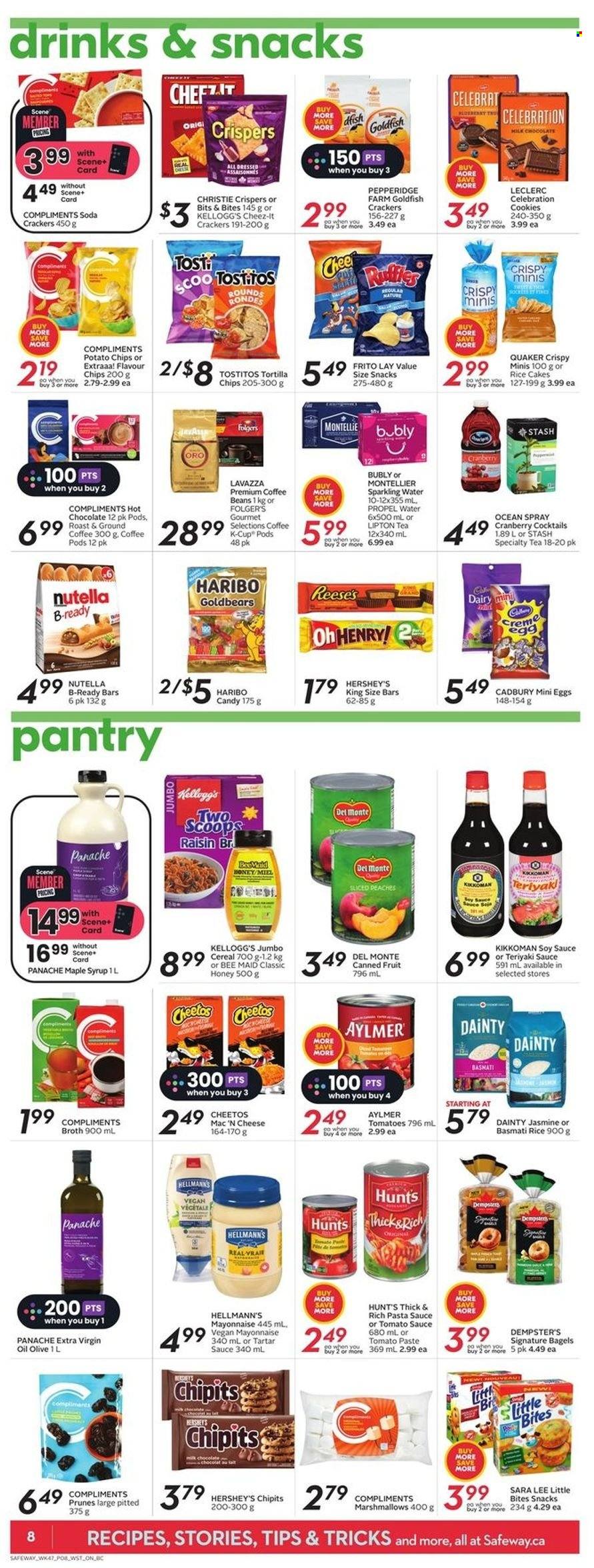 thumbnail - Safeway Flyer - March 23, 2023 - March 29, 2023 - Sales products - bagels, Sara Lee, peaches, pasta sauce, Quaker, roast, mayonnaise, tartar sauce, Hellmann’s, Reese's, Hershey's, cookies, marshmallows, milk chocolate, Haribo, Celebration, crackers, Kellogg's, Cadbury, chocolate egg, Little Bites, tortilla chips, potato chips, Cheetos, chips, Goldfish, Cheez-It, Ruffles, Tostitos, broth, tomato paste, tomato sauce, canned fruit, Del Monte, cereals, basmati rice, soy sauce, Kikkoman, teriyaki sauce, extra virgin olive oil, oil, maple syrup, honey, syrup, prunes, dried fruit, sparkling water, water, hot chocolate, tea, coffee, coffee pods, coffee beans, Folgers, ground coffee, coffee capsules, K-Cups, Lavazza, Nutella, Lipton. Page 15.