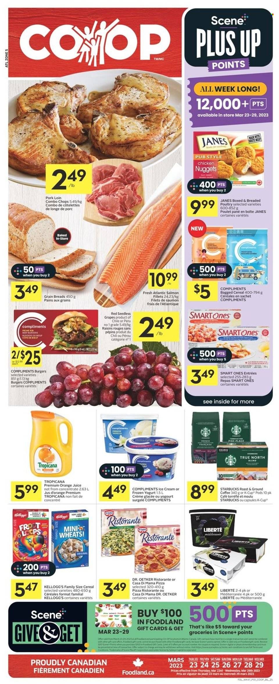 thumbnail - Co-op Flyer - March 23, 2023 - March 29, 2023 - Sales products - grapes, seedless grapes, salmon, salmon fillet, pizza, nuggets, hamburger, chicken nuggets, beef burger, roast, Dr. Oetker, yoghurt, ice cream, Mars, Kellogg's, cereals, dried fruit, orange juice, juice, coffee, ground coffee, coffee capsules, Starbucks, K-Cups, chicken, pork loin, pork meat, comb, raisins. Page 1.