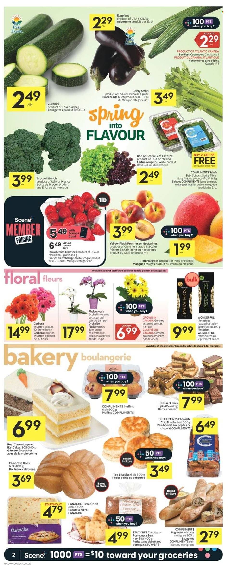 thumbnail - Co-op Flyer - March 23, 2023 - March 29, 2023 - Sales products - cake, buns, brioche, muffin, arugula, broccoli, celery, cucumber, zucchini, lettuce, eggplant, sleeved celery, mango, nectarines, peaches, pizza, chocolate chips, biscuit, pistachios, tea, pot, bouquet, gerbera, baguette, ciabatta. Page 2.