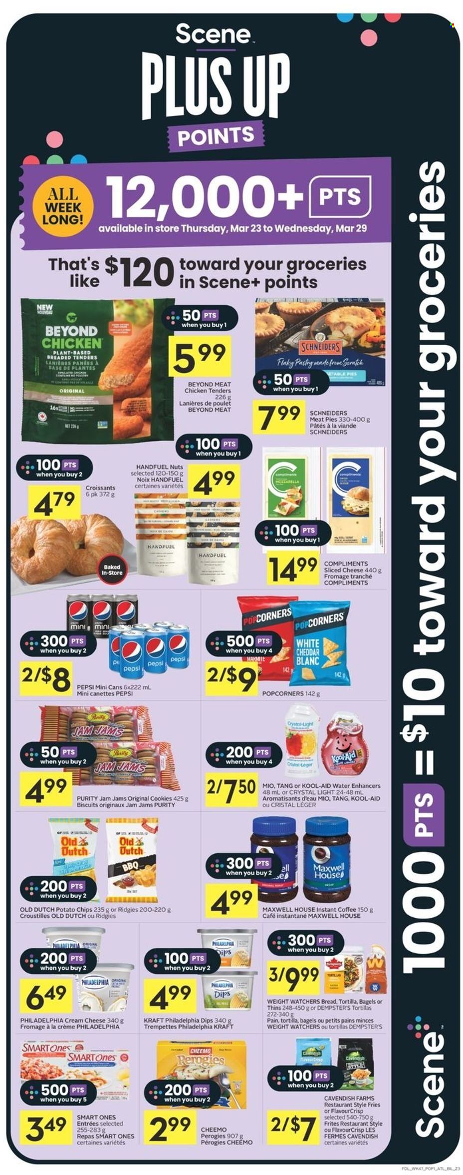 thumbnail - Co-op Flyer - March 23, 2023 - March 29, 2023 - Sales products - bagels, tortillas, croissant, chicken tenders, Kraft®, sliced cheese, cheese, potato fries, cookies, biscuit, potato chips, chips, Thins, popcorn, fruit jam, Pepsi, water, Maxwell House, coffee, instant coffee, Purity, chicken, kool aid, Philadelphia. Page 3.