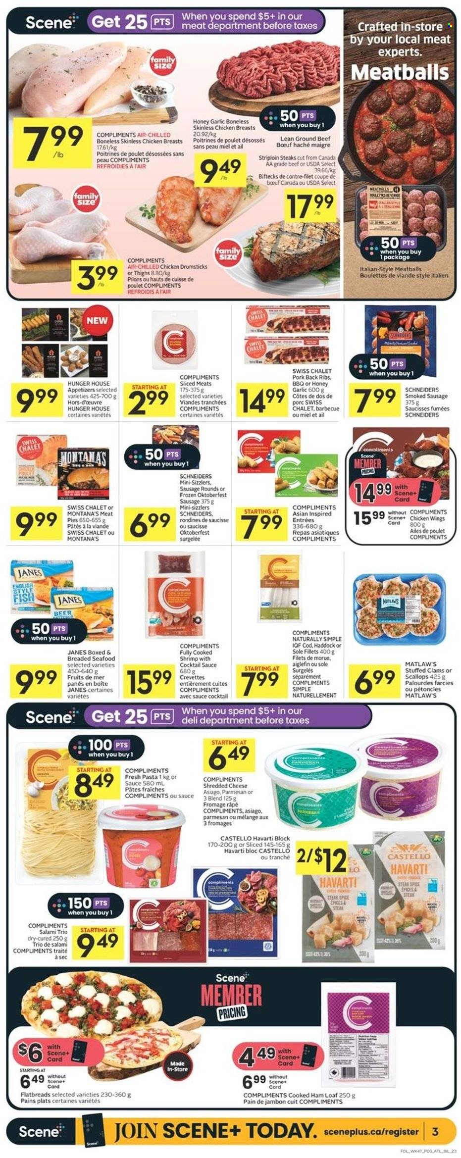 thumbnail - Co-op Flyer - March 23, 2023 - March 29, 2023 - Sales products - garlic, clams, cod, scallops, haddock, seafood, fish, shrimps, meatballs, cooked ham, salami, ham, sausage, smoked sausage, asiago, shredded cheese, Havarti, parmesan, chicken wings, spice, cocktail sauce, beer, chicken drumsticks, chicken, beef meat, ground beef, steak, striploin steak, ribs, pork meat, pork ribs, pork back ribs. Page 5.