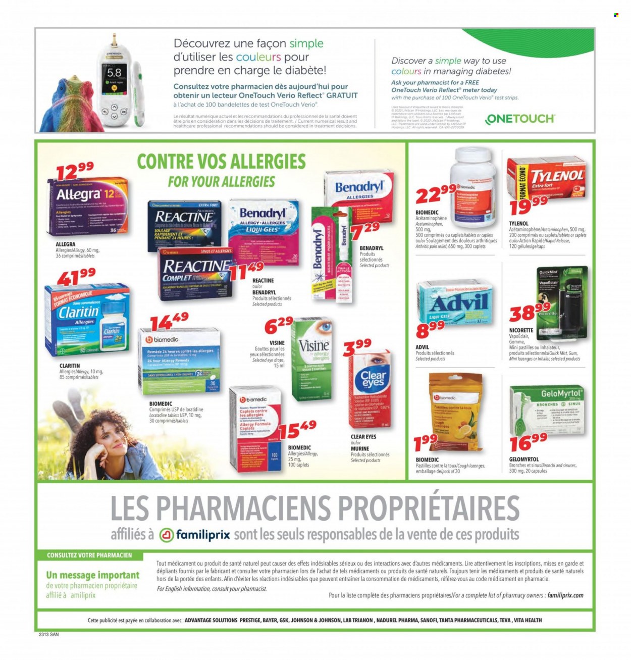 thumbnail - Familiprix Santé Flyer - March 23, 2023 - March 29, 2023 - Sales products - pastilles, Johnson's, pain relief, Nicorette, Tylenol, eye drops, Advil Rapid, Bayer. Page 3.